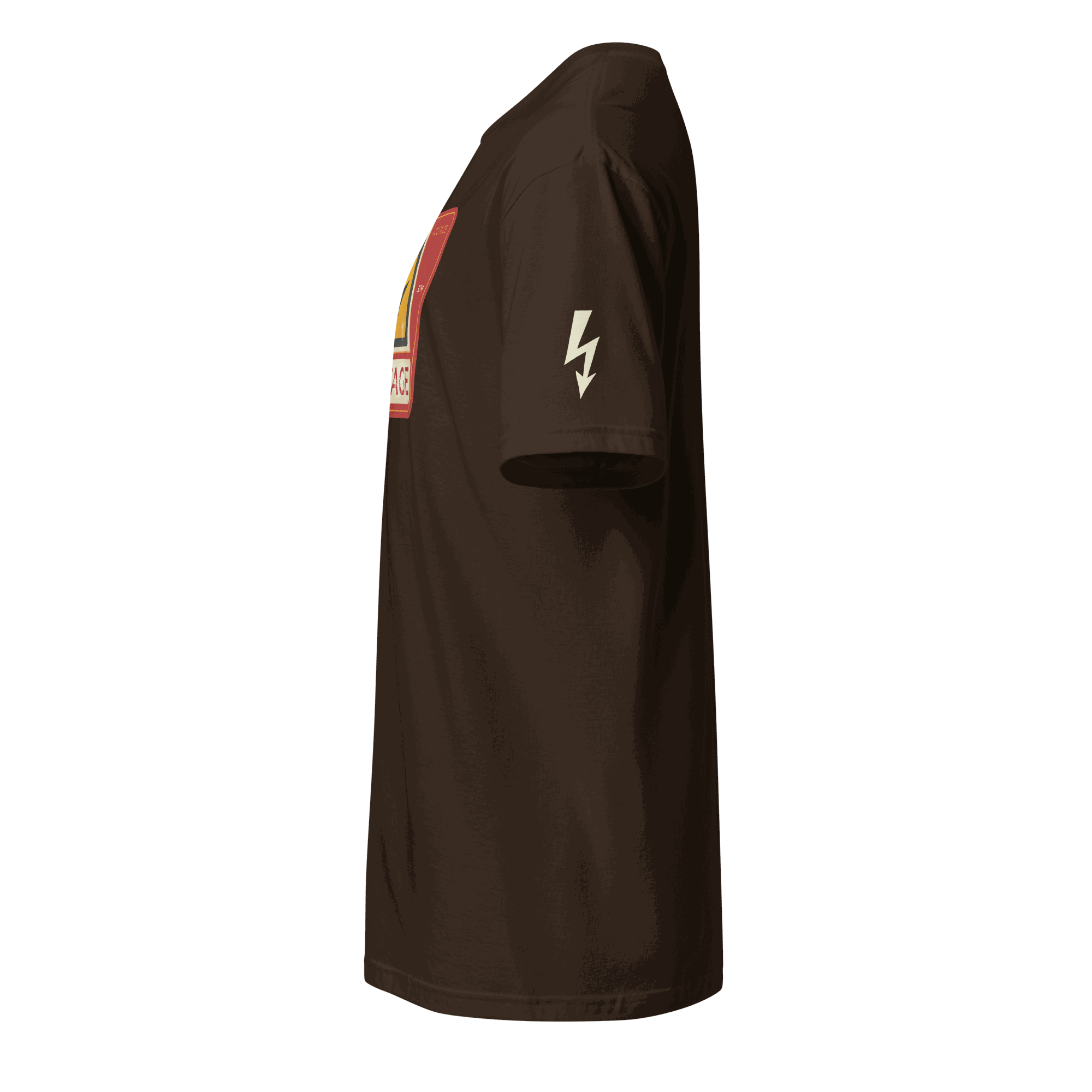 Side view of brown High Voltage Warning Sign T-shirt with lightning bolt on sleeve and retro industrial design on front