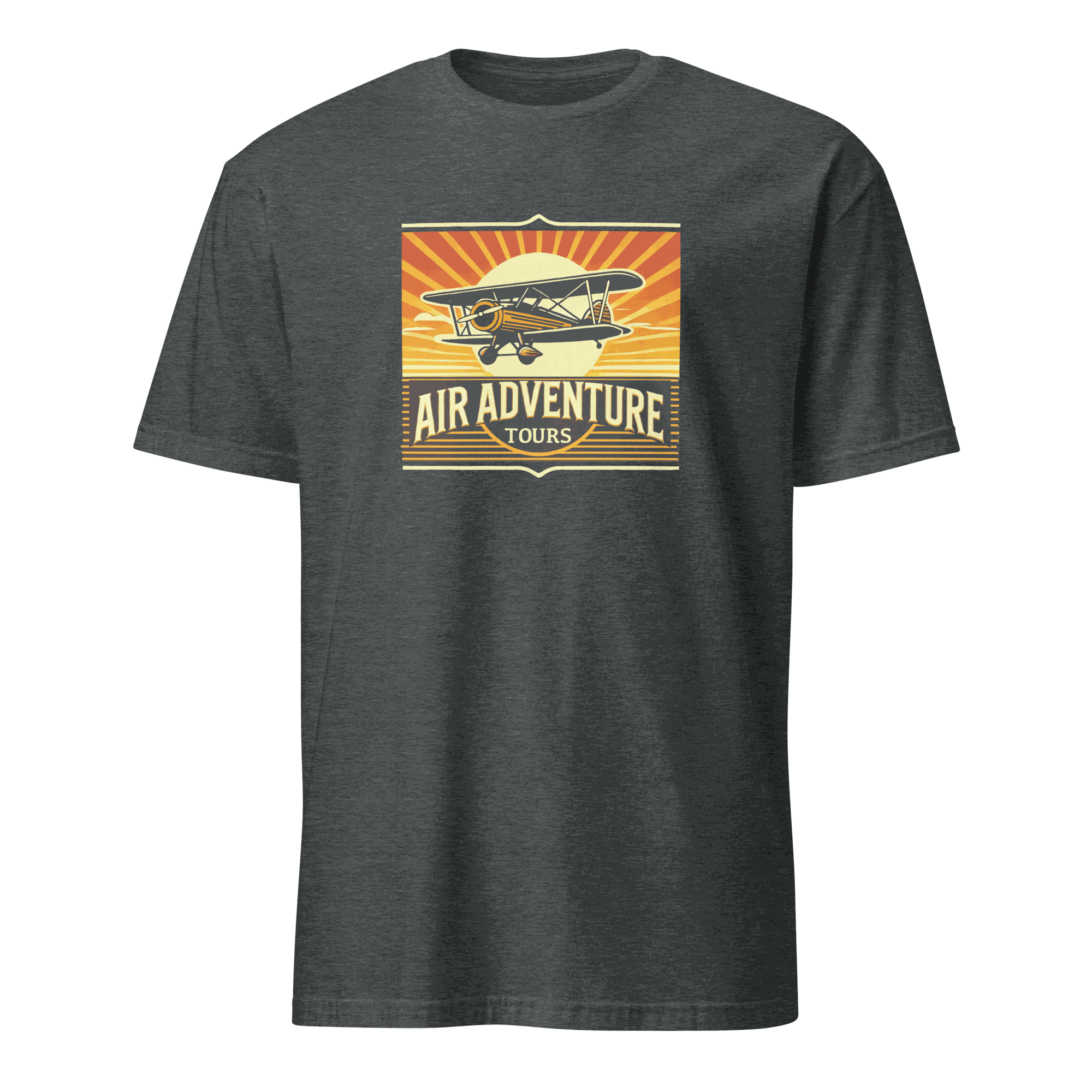 vintage aviation graphic tee with retro airplane design and air adventure tours text on dark gray background