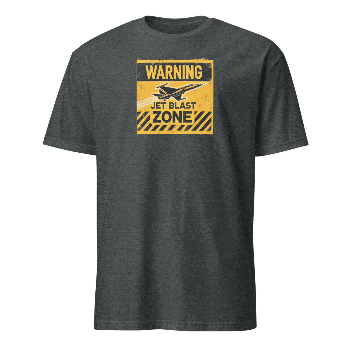 Dark gray Jet Blast Zone t-shirt with yellow warning sign and airplane graphic, pilot gift.