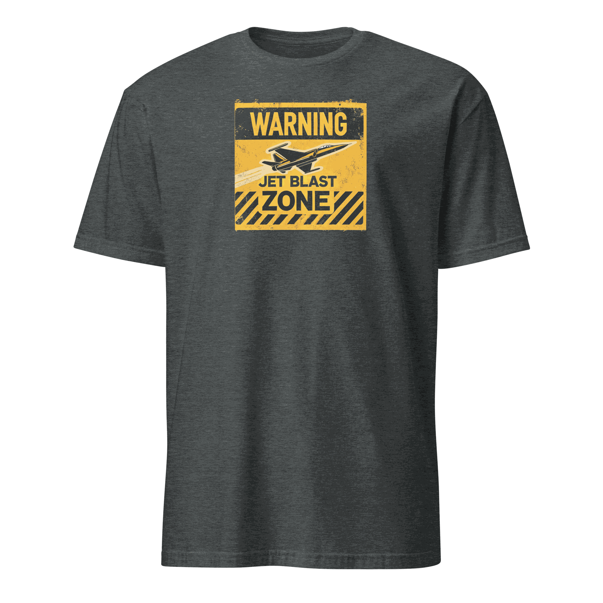 Dark gray Jet Blast Zone t-shirt with yellow warning sign and airplane graphic, pilot gift.