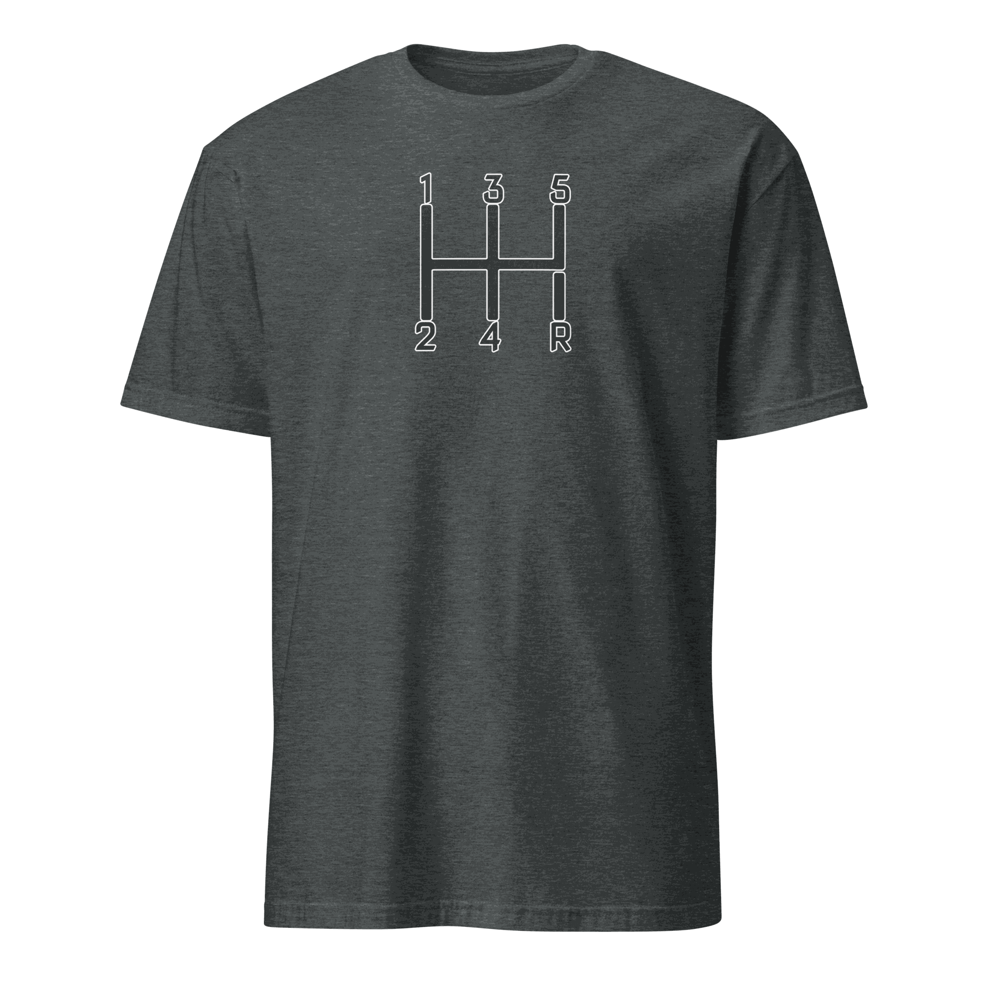 Dark gray Manual Transmission T-Shirt with white gear shift pattern design for car enthusiasts