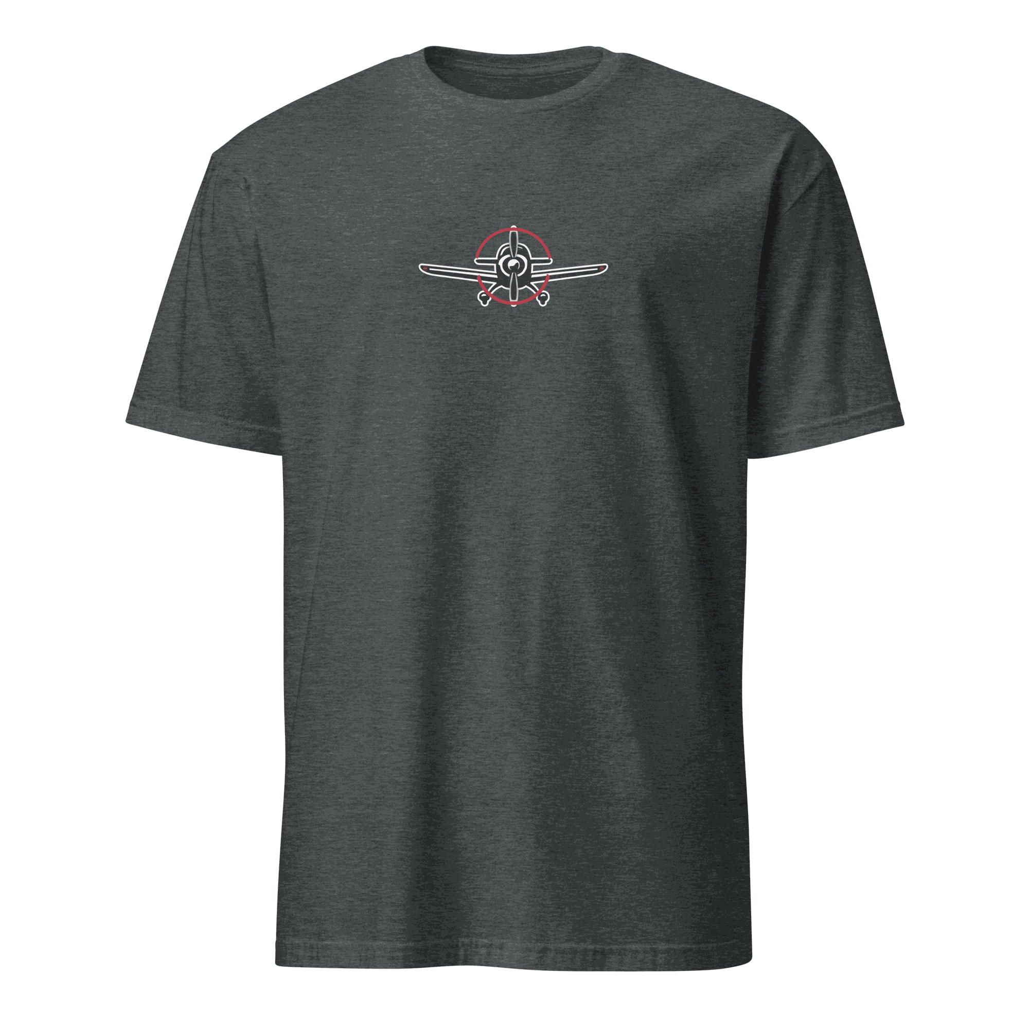aviation t-shirt for airplane lovers featuring a stylish airplane design on a dark gray shirt.