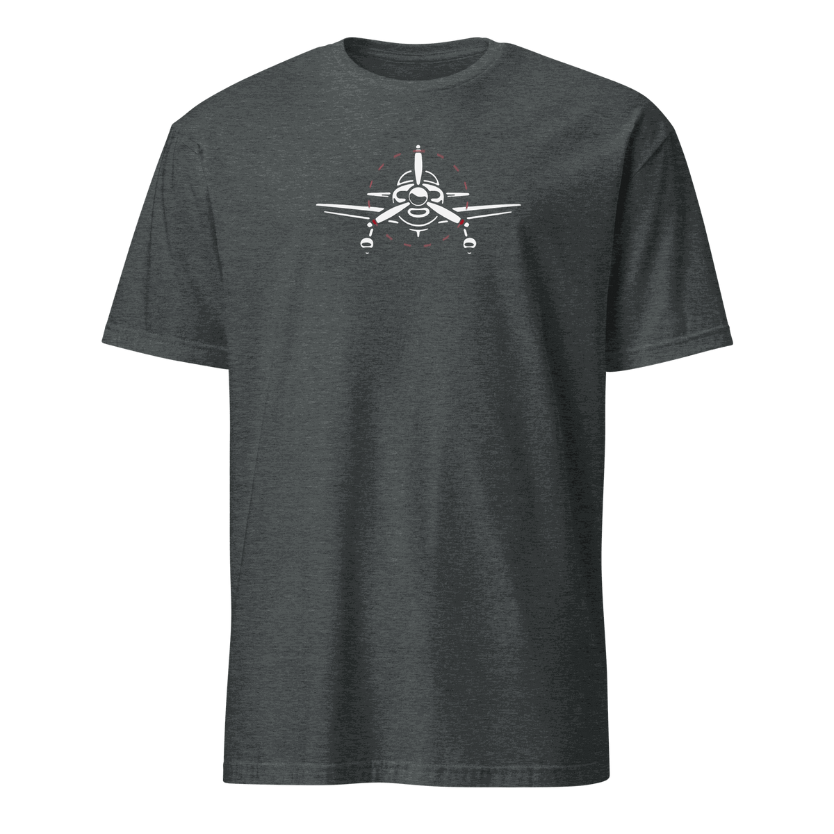 Dark grey unisex aviation T-shirt with white airplane graphic on front