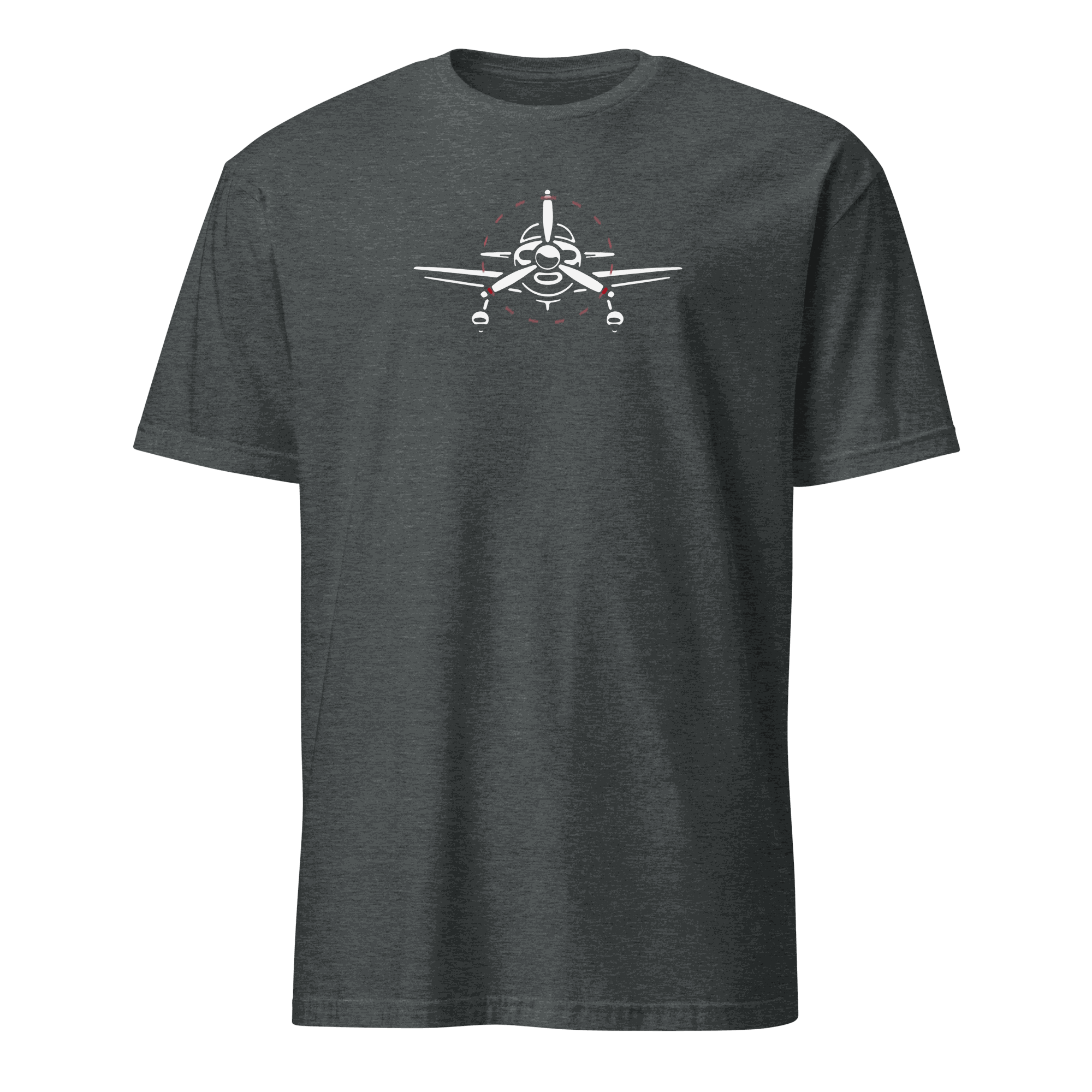 Dark grey unisex aviation T-shirt with white airplane graphic on front