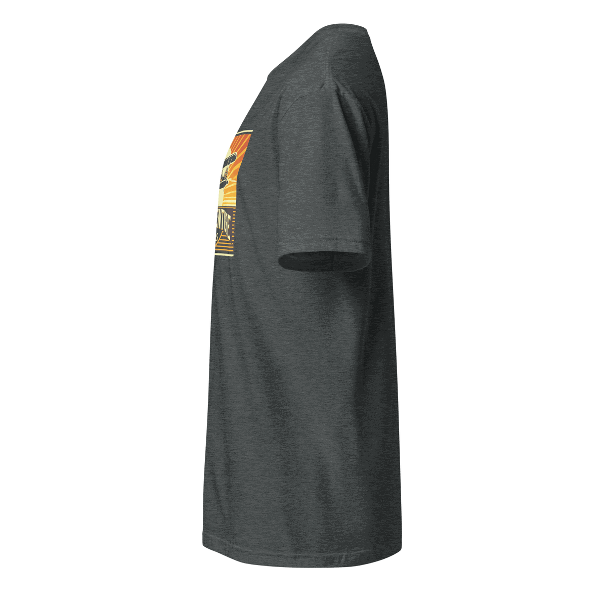 side view of vintage aviation graphic tee in dark gray with retro pilot design