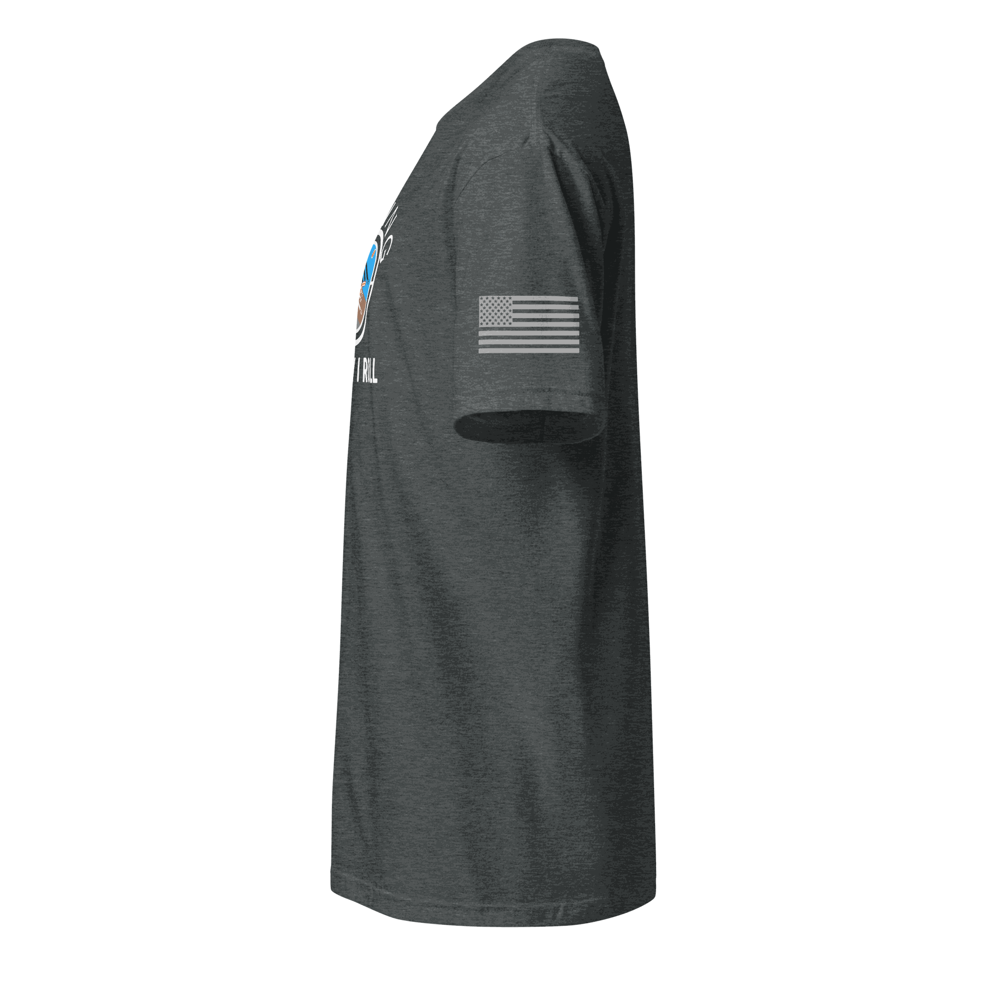 Side view of dark heather flying machine t-shirt with American flag on sleeve