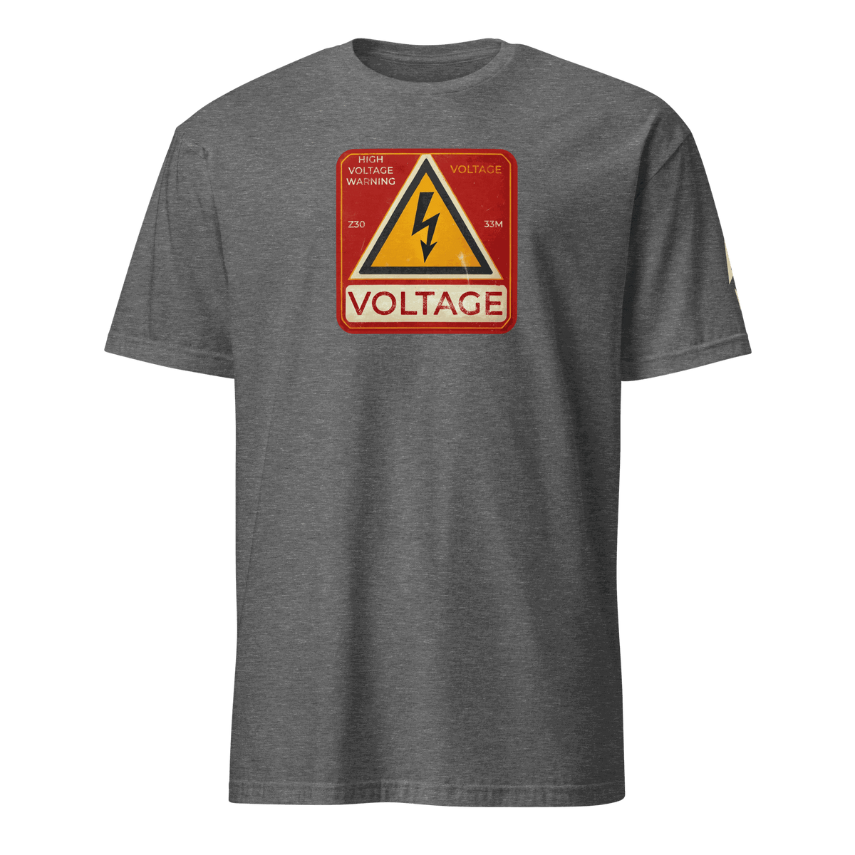 High Voltage Warning Sign T-shirt with retro industrial voltage graphic on gray fabric
