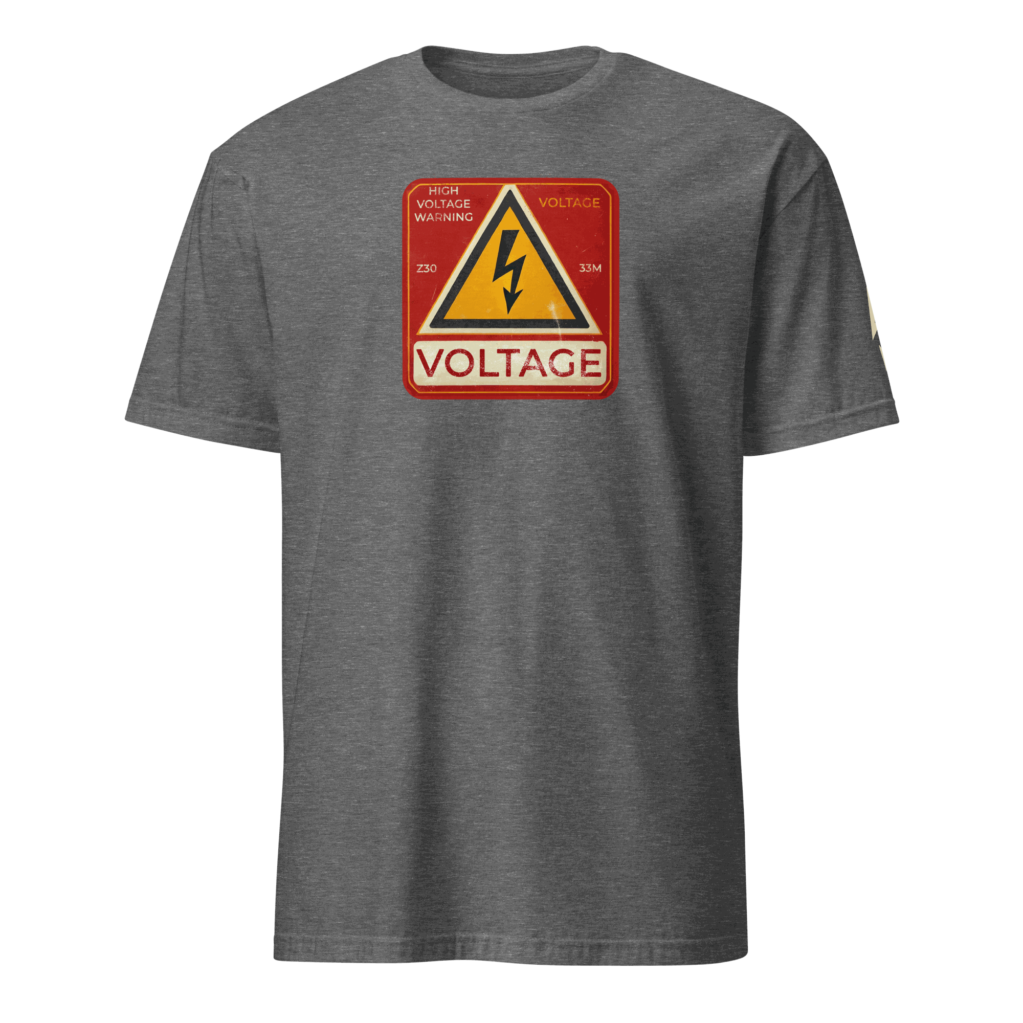 High Voltage Warning Sign T-shirt with retro industrial voltage graphic on gray fabric