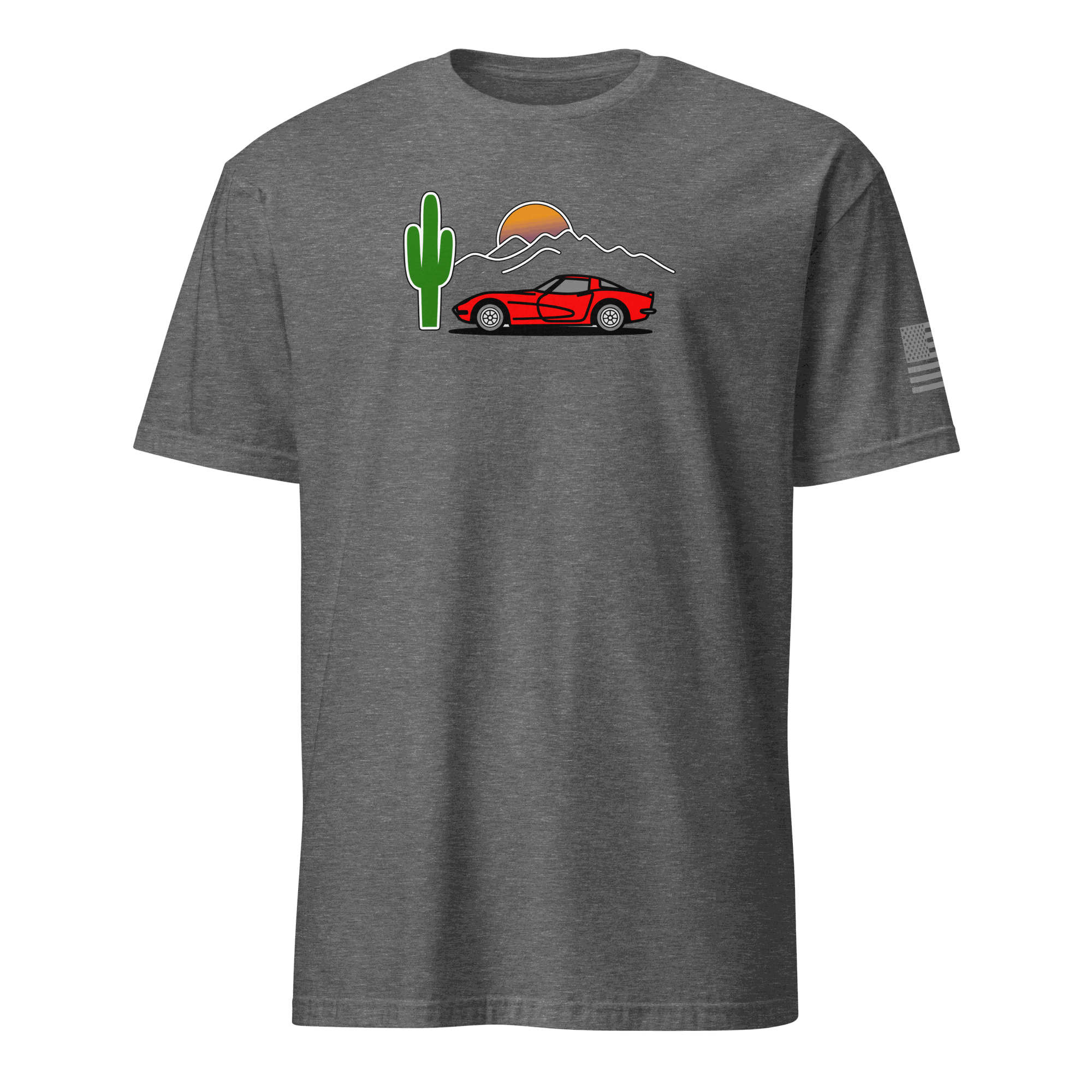 Gray Retro Corvette Sunset t-shirt with red Corvette, cactus, and sunset graphic