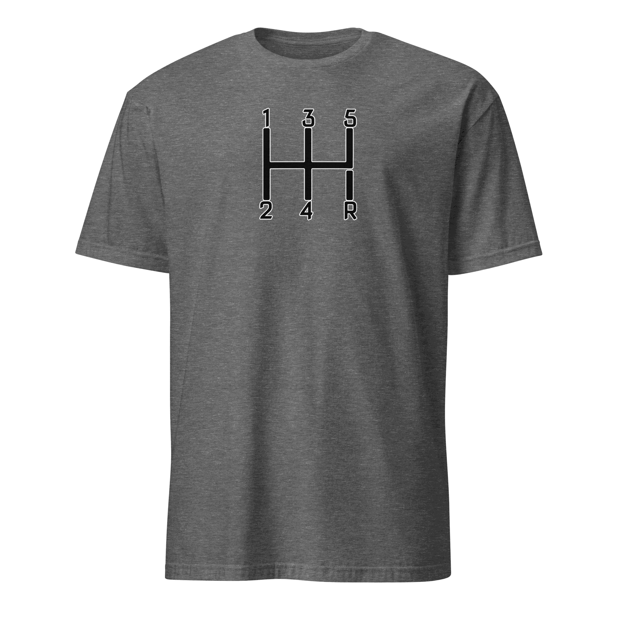 Gray manual transmission t-shirt with black and white gear shift pattern design for car enthusiasts
