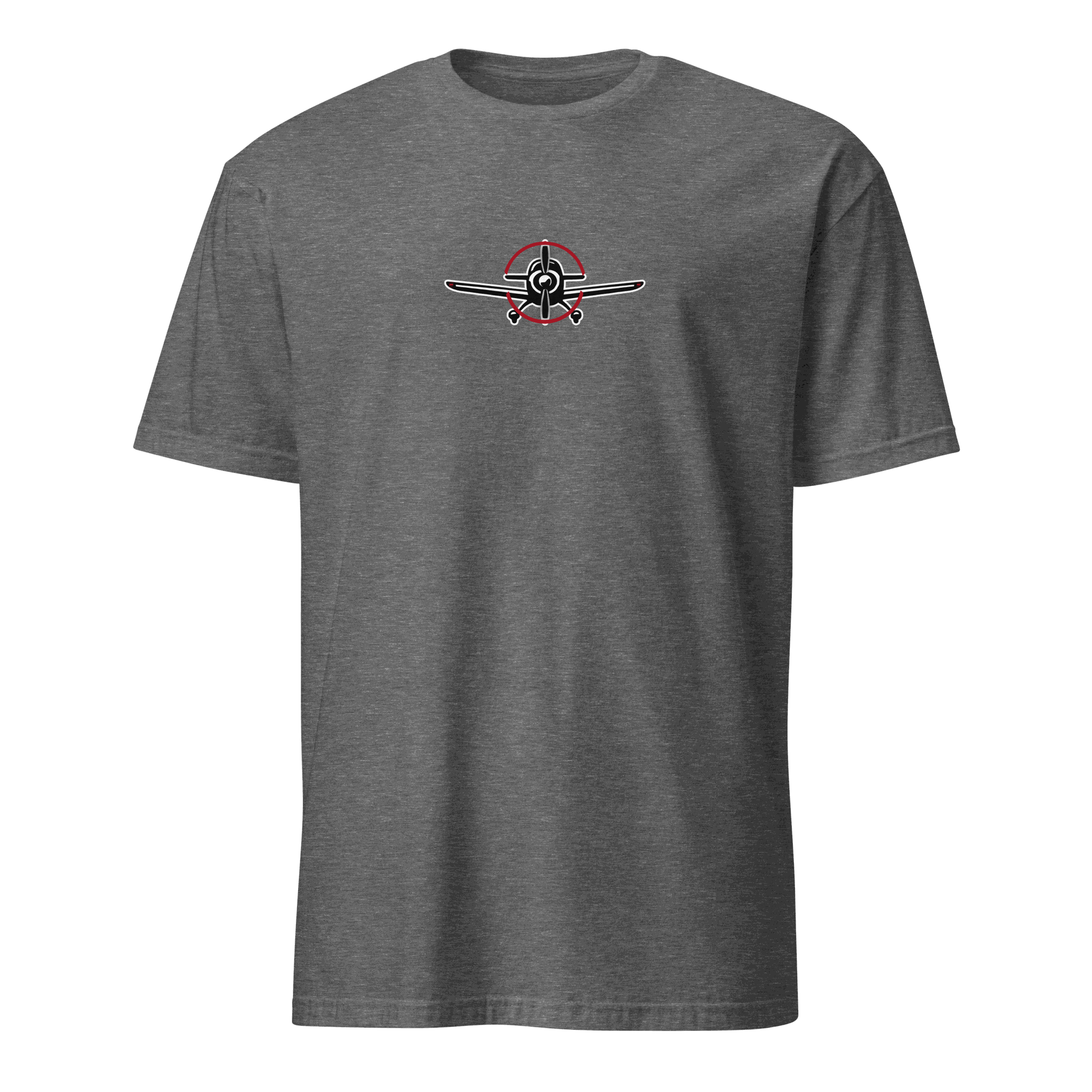 Aviation t-shirt for airplane lovers with a stylish airplane graphic on a gray background.
