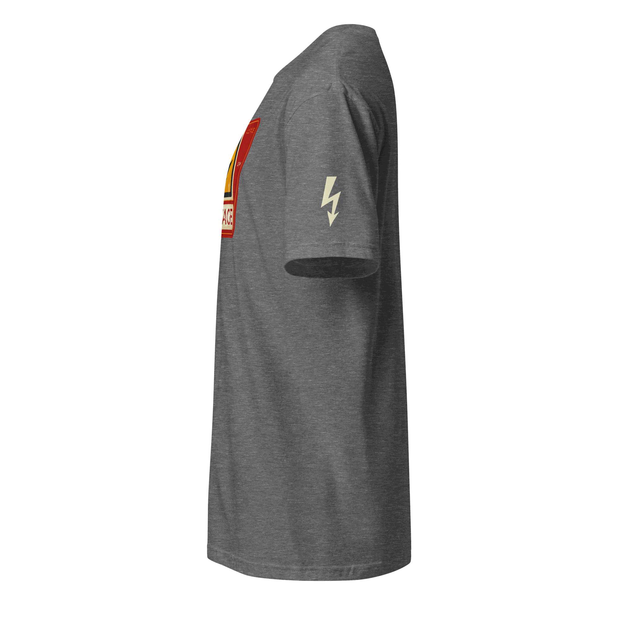 Side view of gray High Voltage Warning Sign T-shirt with lightning bolt on sleeve and retro industrial design on front