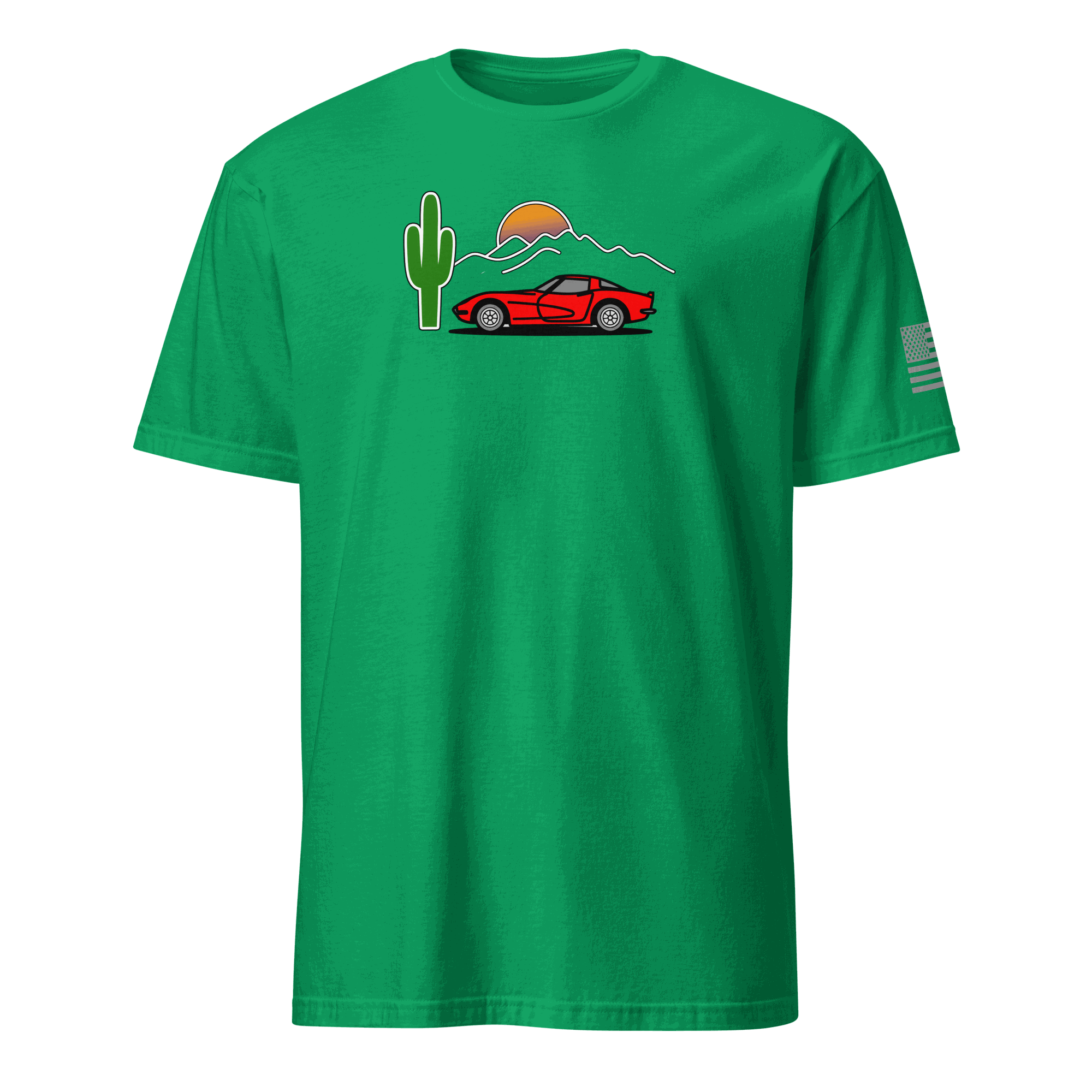 Retro Corvette sunset graphic car t-shirt on soft cotton blend fabric