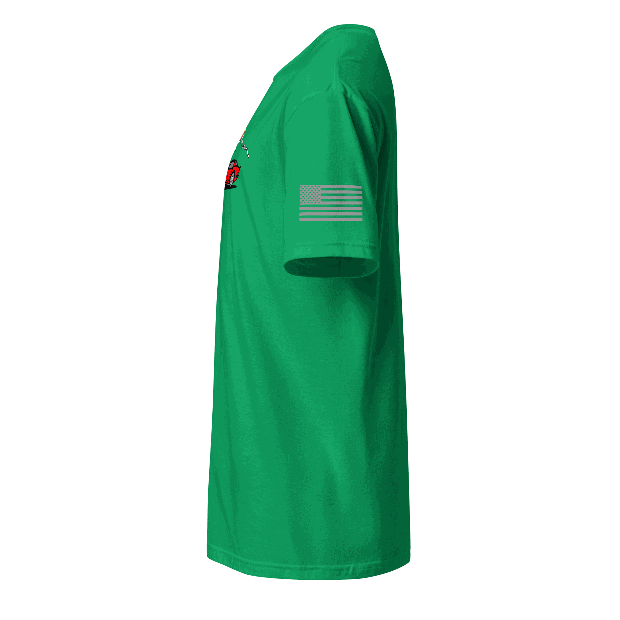 Green Retro Corvette Sunset t-shirt with American flag on sleeve, side view