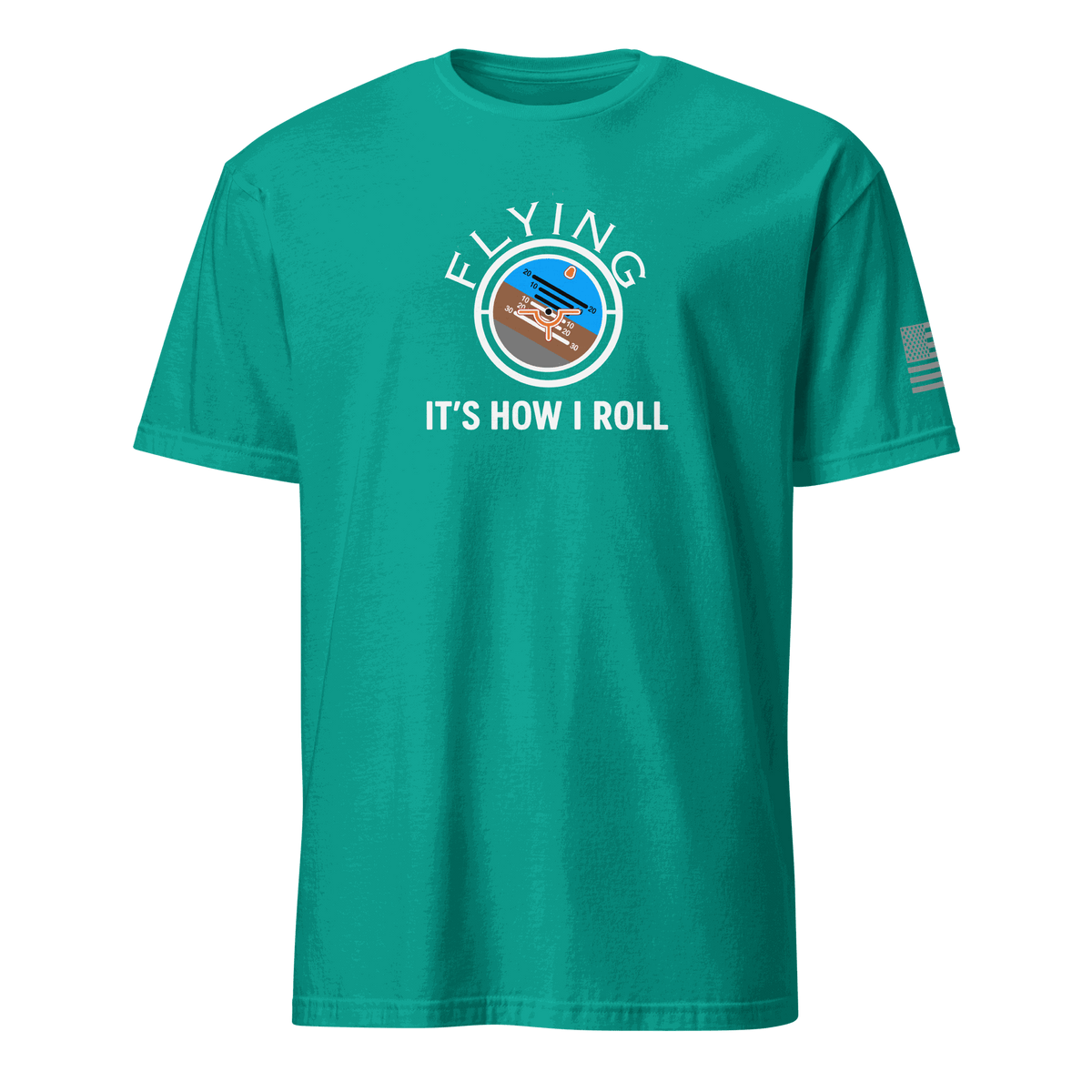 Teal flying machine t-shirt with vintage airplane graphic and "Flying It's How I Roll" text, lightweight cotton fabric