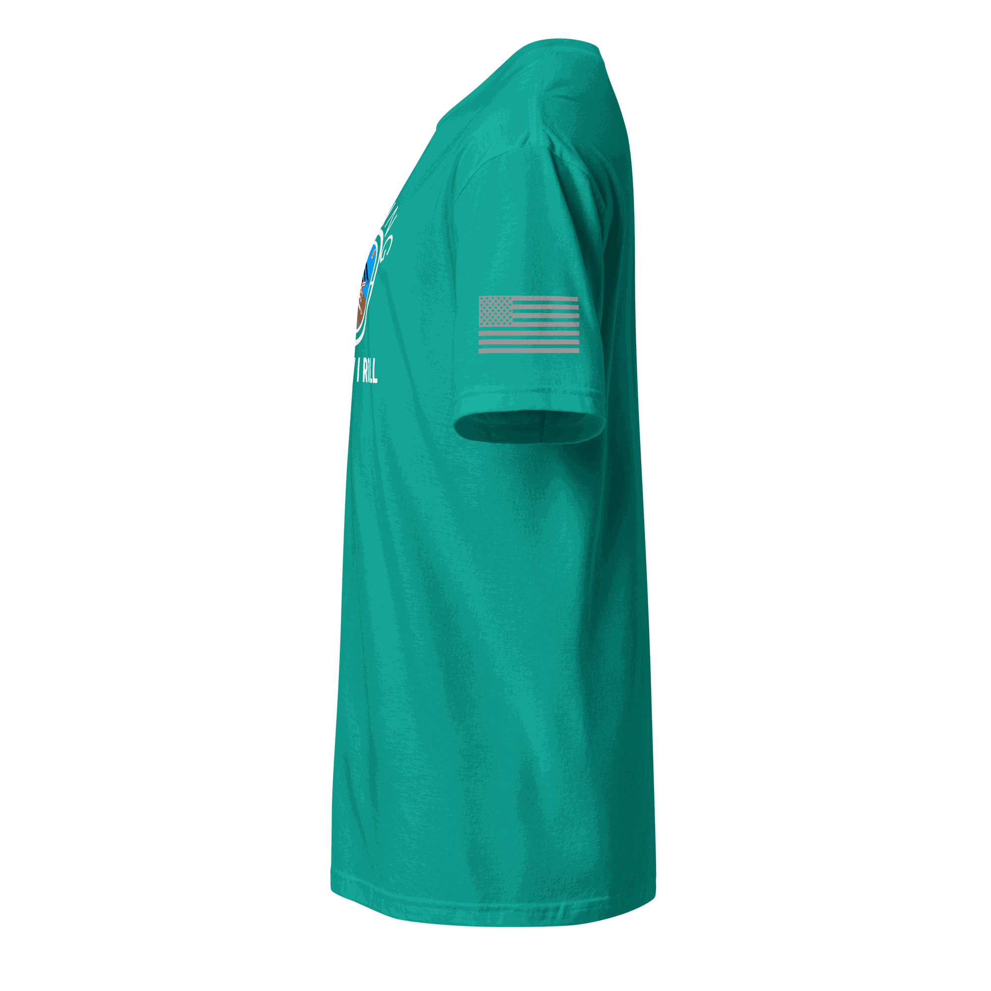 Side view of a teal flying machine t-shirt with an American flag on the sleeve and a bold adventure design on the front