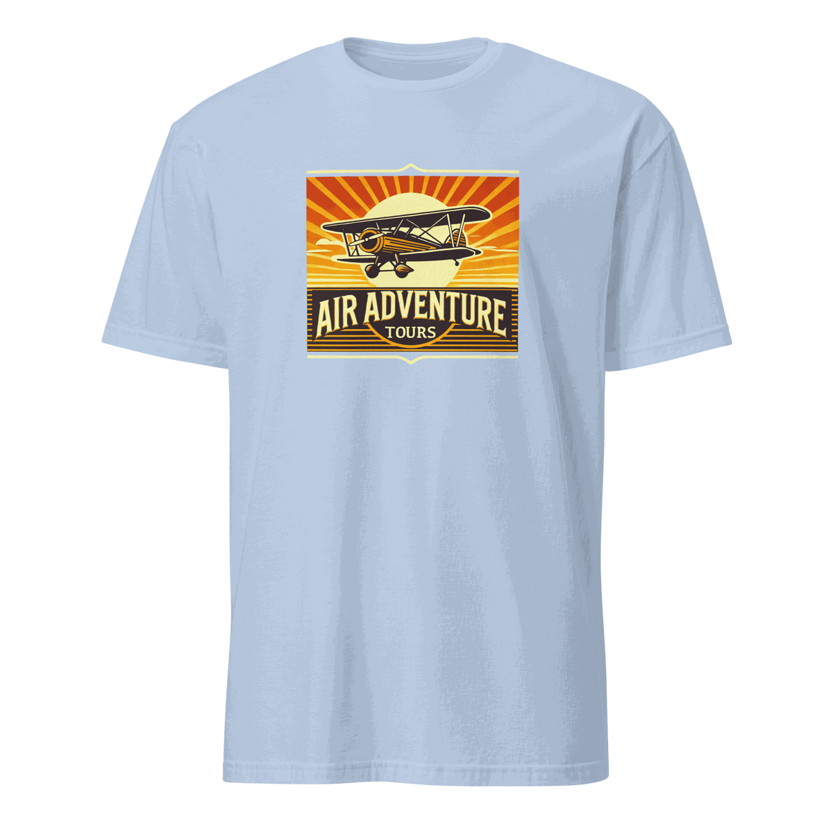 Light blue vintage aviation graphic tee with retro airplane and "Air Adventure Tours" design