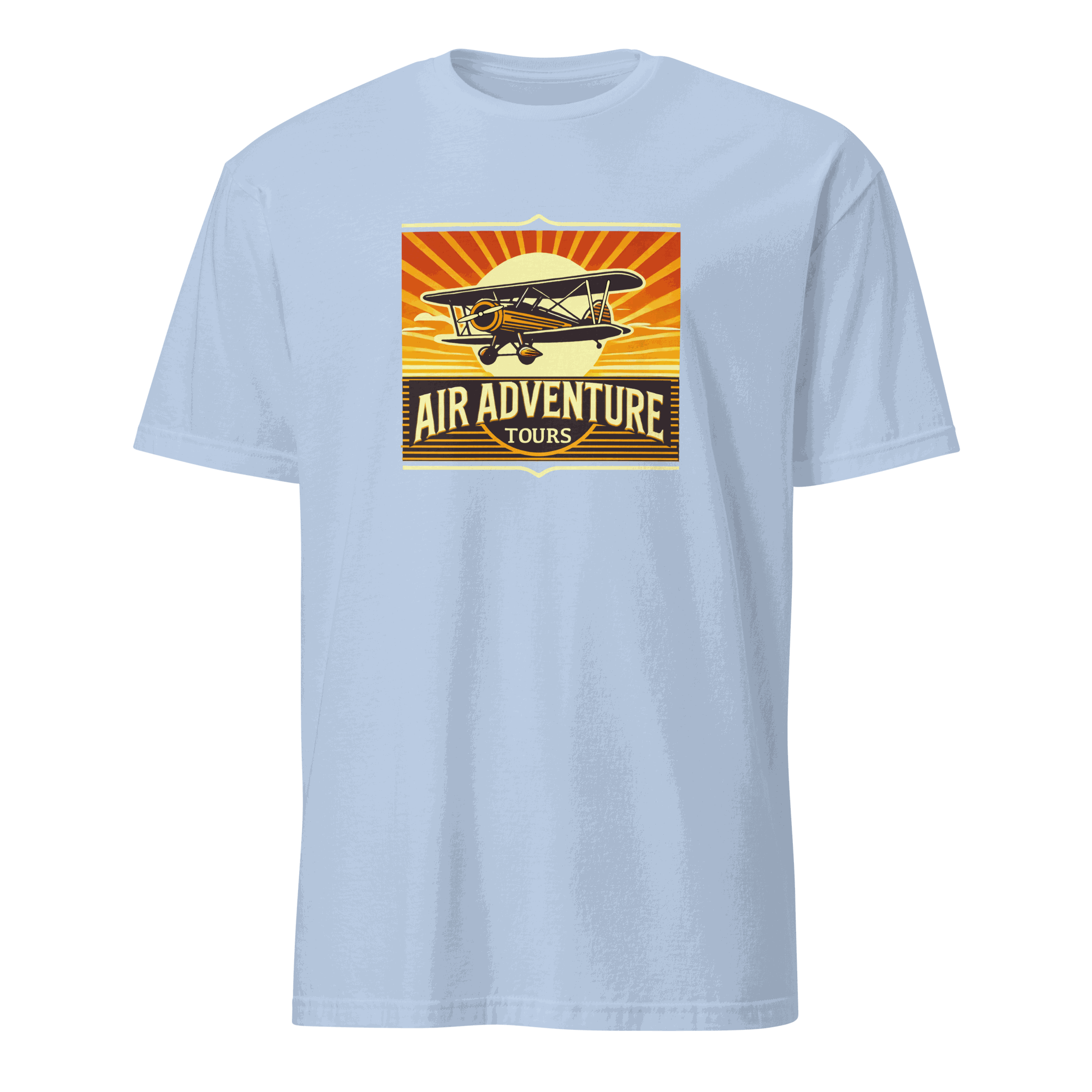 Light blue vintage aviation graphic tee with retro airplane and "Air Adventure Tours" design