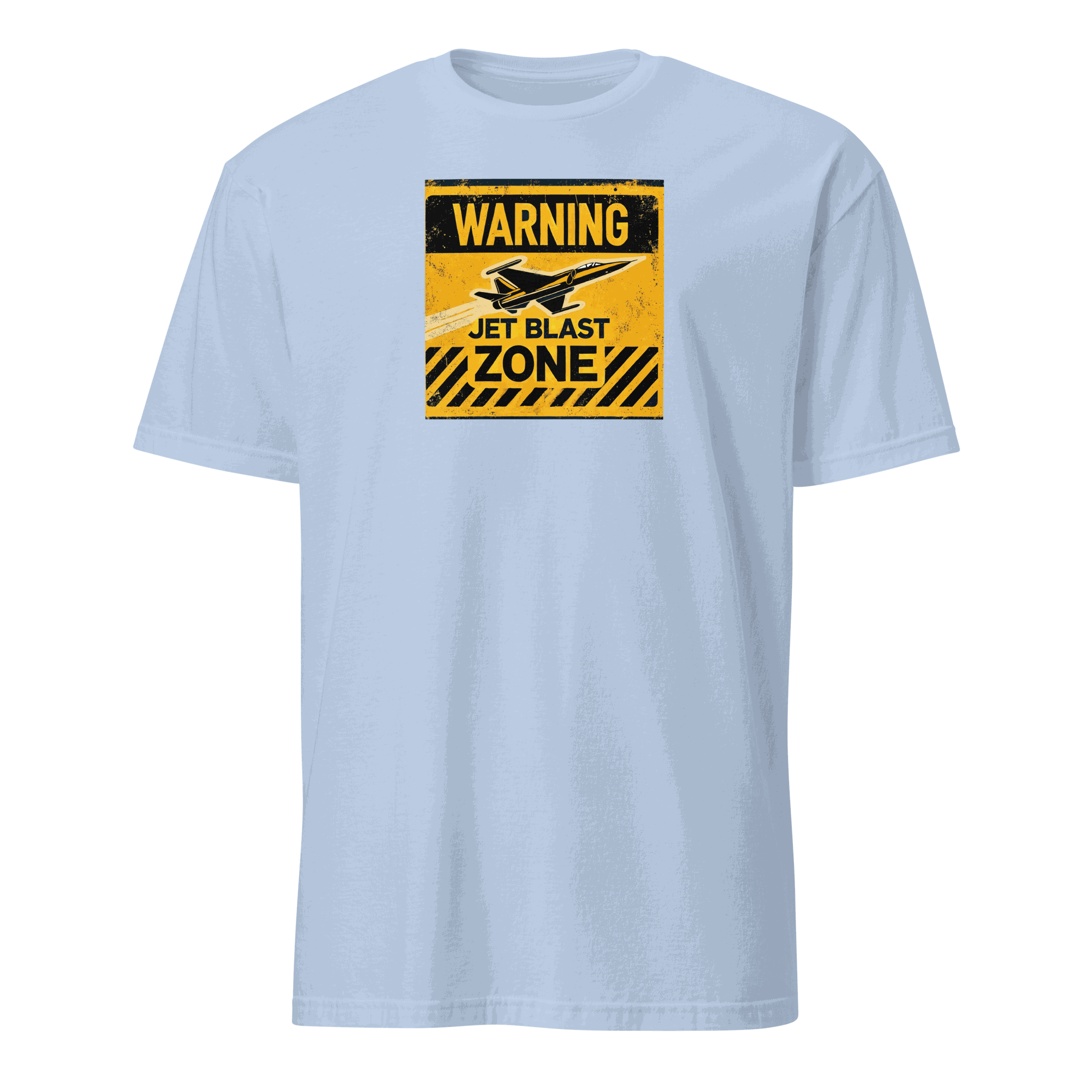 Light blue t-shirt with yellow and black "Warning Jet Blast Zone" aviation design, pilot gift tee