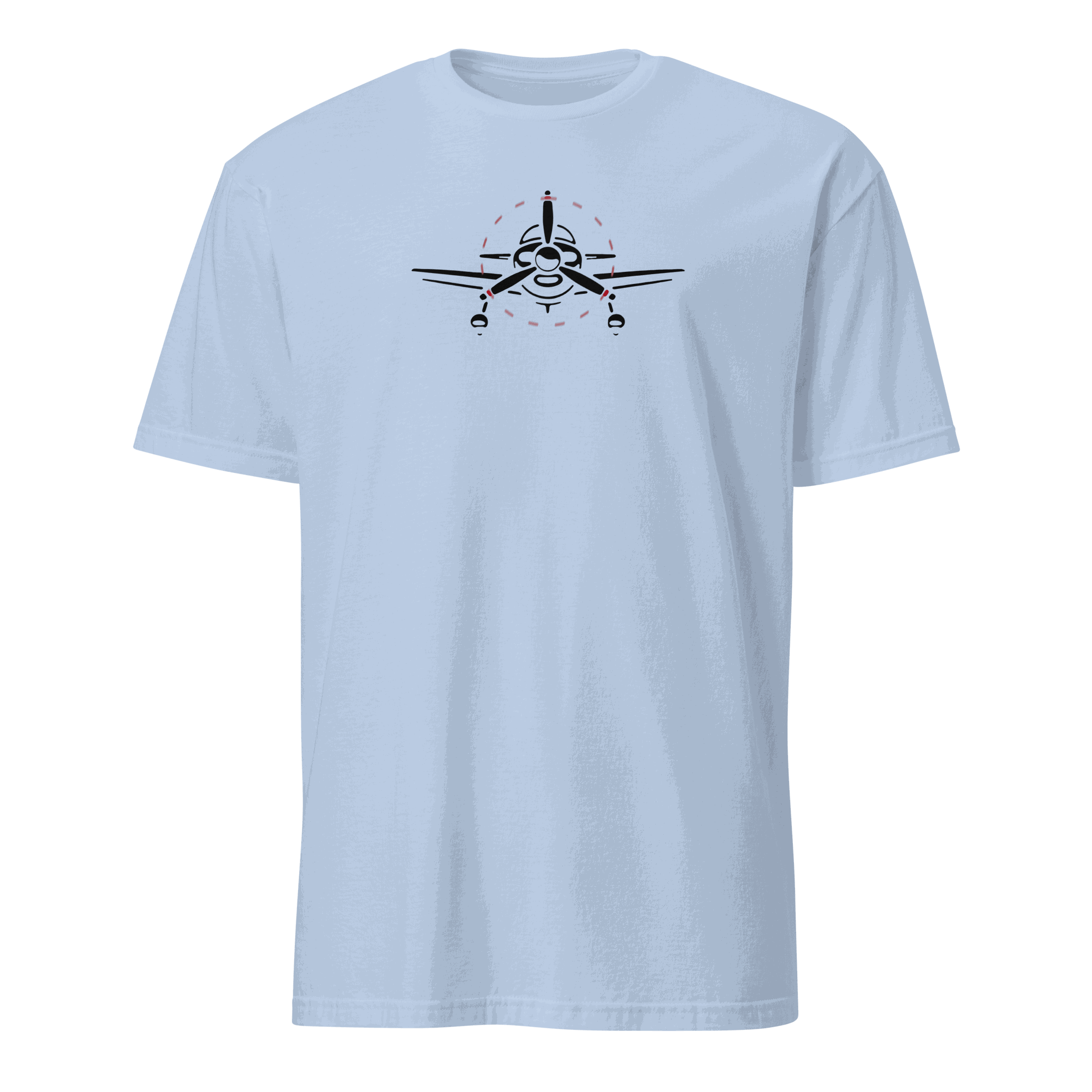 Light blue Plane 6 unisex short-sleeve aviation T-shirt with front airplane graphic design