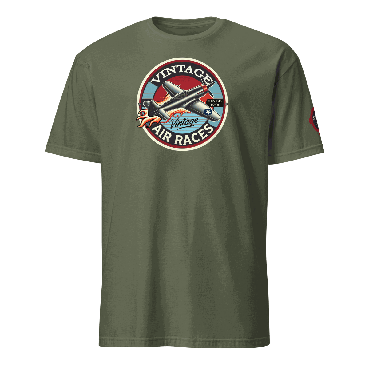 Vintage Air Races T-Shirt with retro airplane graphic on olive green tee for aviation fans and pilots