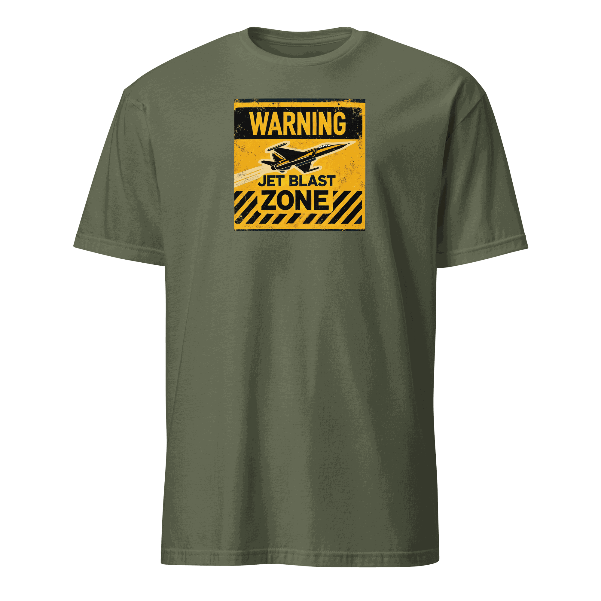 Olive green Jet Blast Zone warning sign t-shirt for pilots and aviation enthusiasts