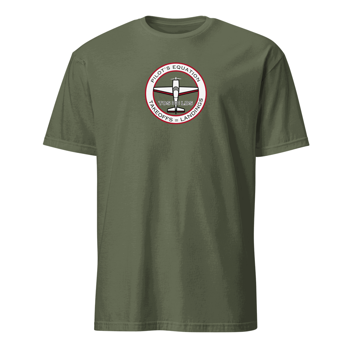 Green t-shirt with funny pilot math equation graphic and aviation humor design