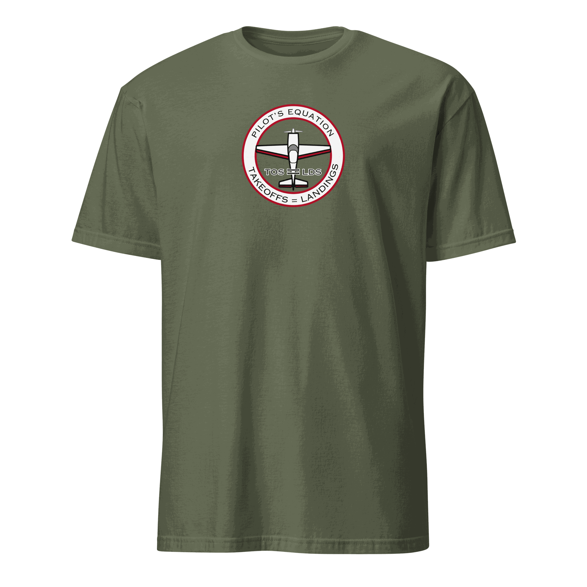 Green t-shirt with funny pilot math equation graphic and aviation humor design