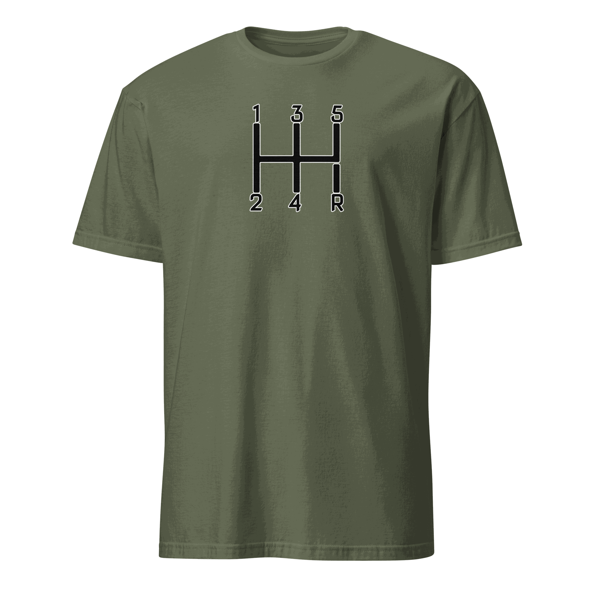 Olive green manual transmission t-shirt with black and white gear shift pattern design