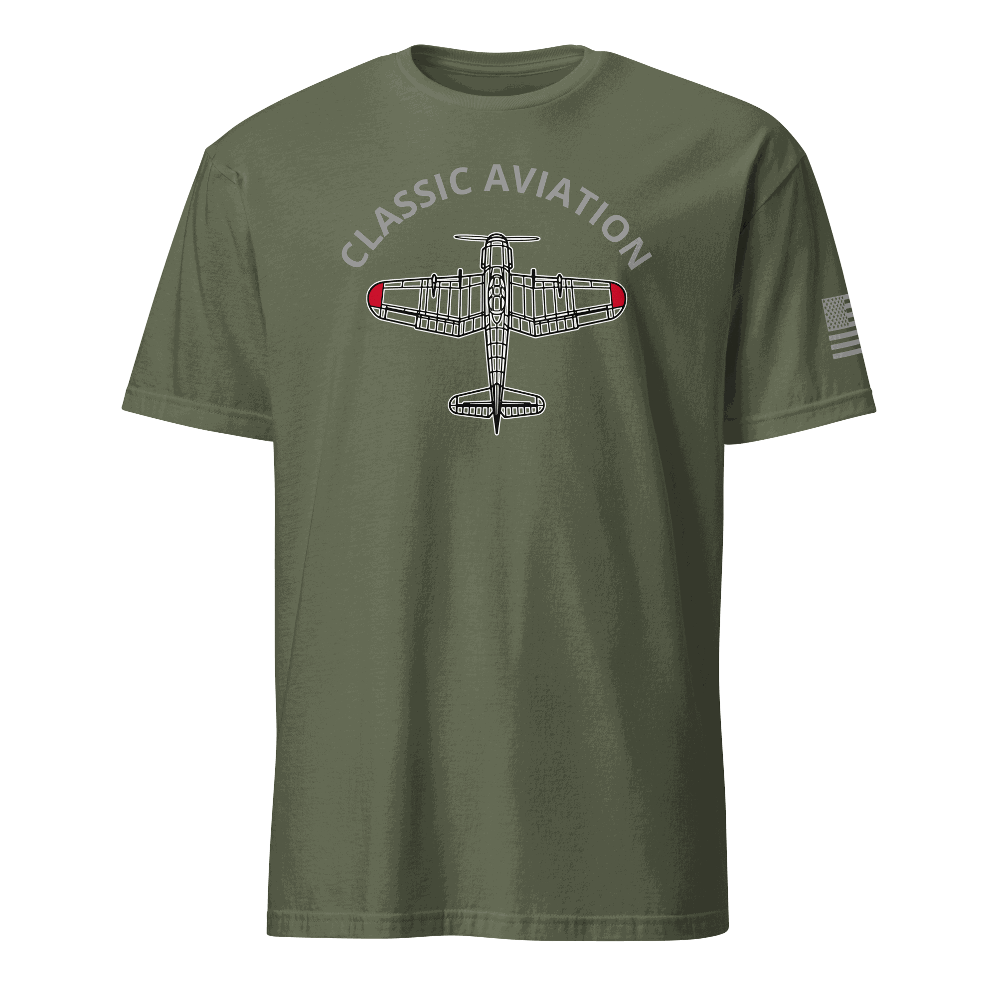 Classic olive green Aviation T-Shirt with vintage airplane graphic and "Classic Aviation" text, soft cotton pilot gift tee