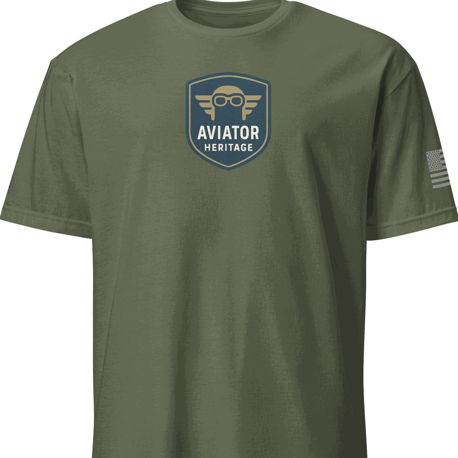 Vintage aviation t-shirt in olive green with Aviator Heritage logo and American flag on sleeve, made of soft 100% cotton.