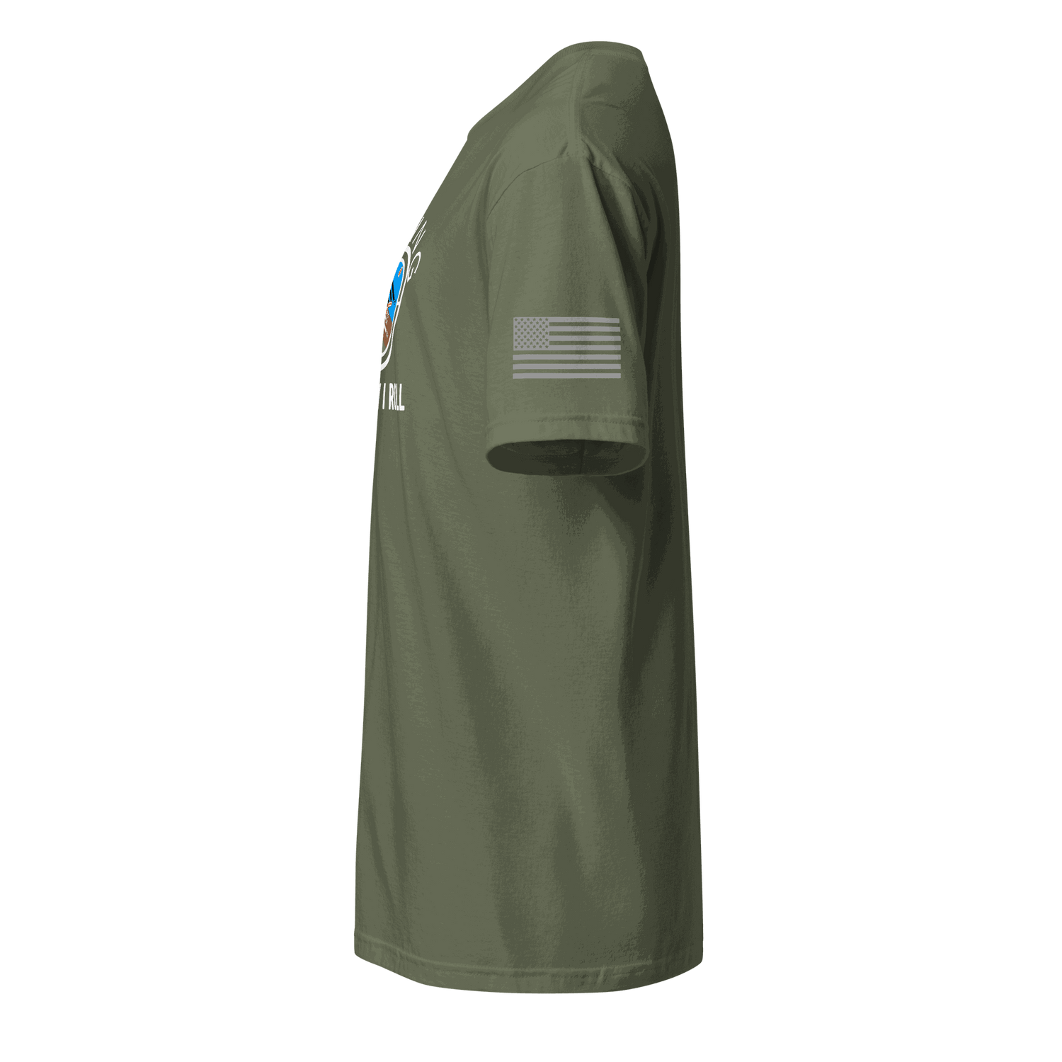 Side view of olive green Pilot Shirt made of soft 100% ring-spun cotton with American flag on sleeve