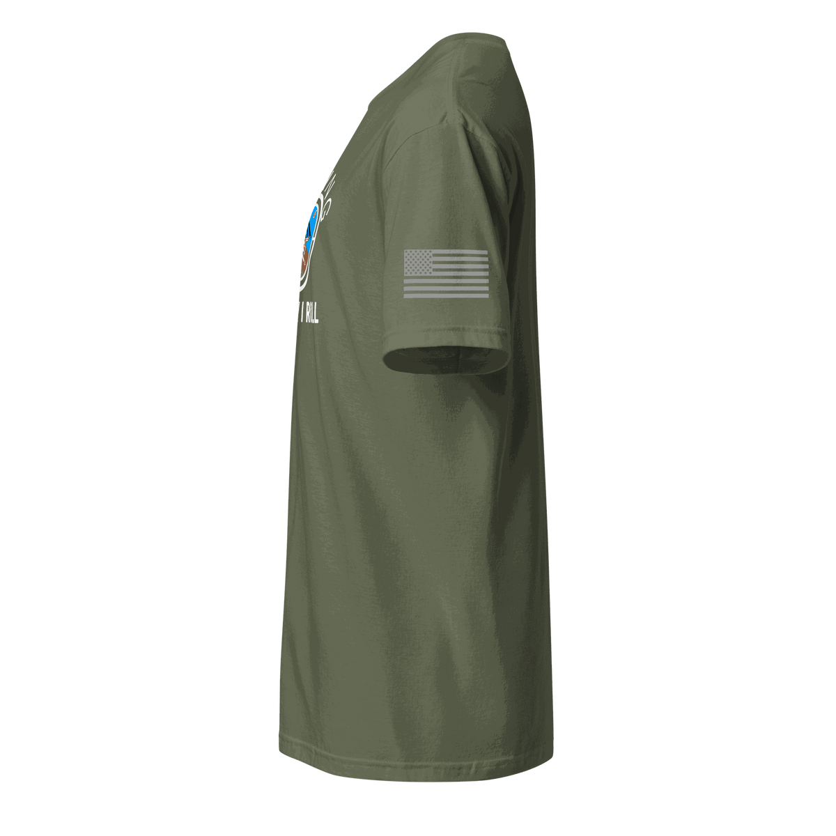 Side view of olive green flying machine t-shirt with American flag on sleeve