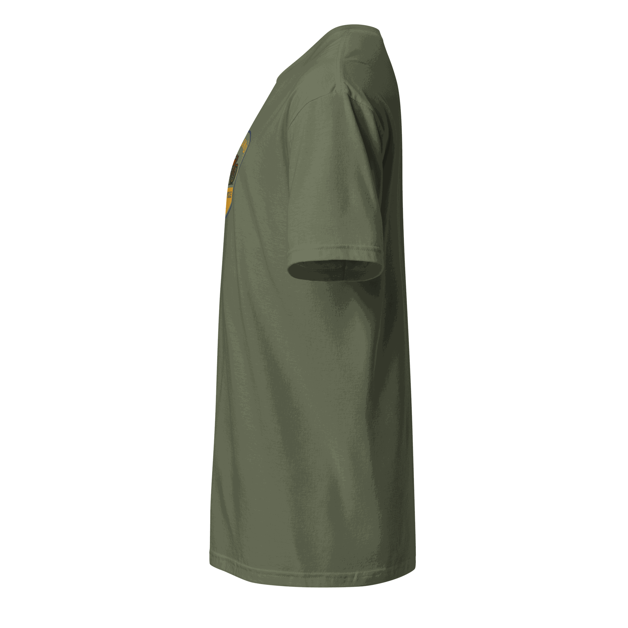 Side view of olive green vintage biker t-shirt made from 100% organic cotton by Highland Motorcycle Co.