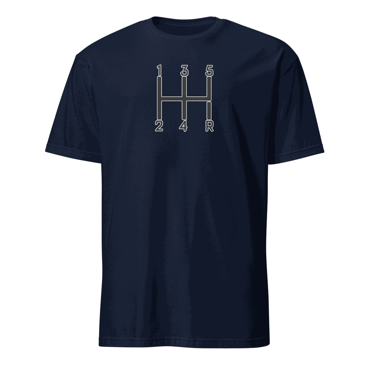 Navy blue manual transmission T-shirt with 5-speed gear shift graphic for car enthusiasts