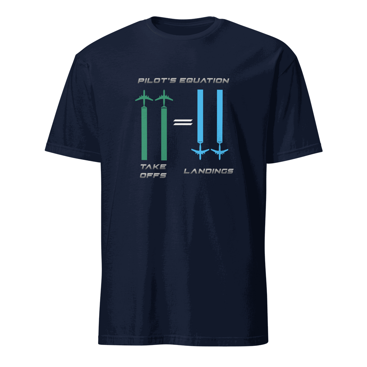 Navy blue Pilot Equation T-Shirt with humorous aviation graphic showing equal takeoffs and landings illustration