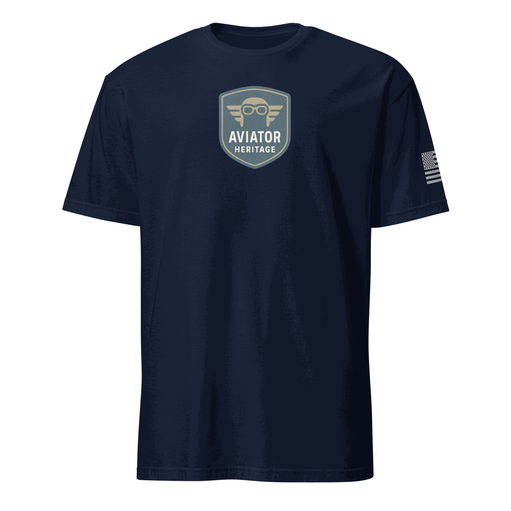 Vintage aviation t-shirt in navy with Aviator Heritage logo and American flag sleeve patch, made from soft 100% cotton.