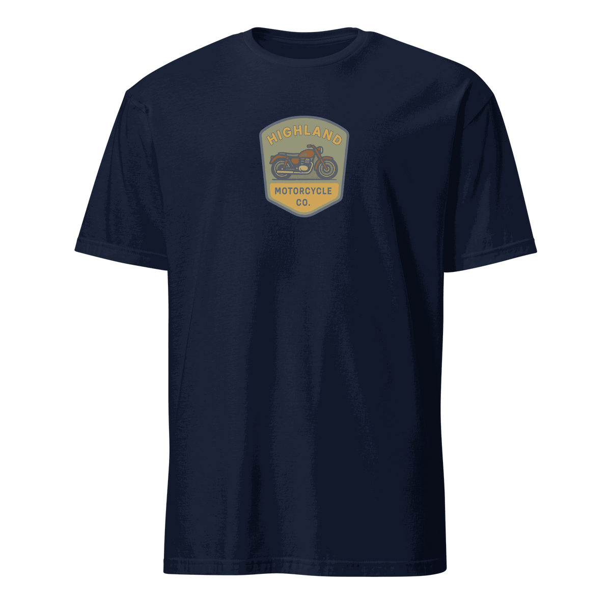 Navy Vintage Biker T-Shirt with Highland Motorcycle Co. logo, 100% organic cotton, medium fit, breathable and durable bike tee