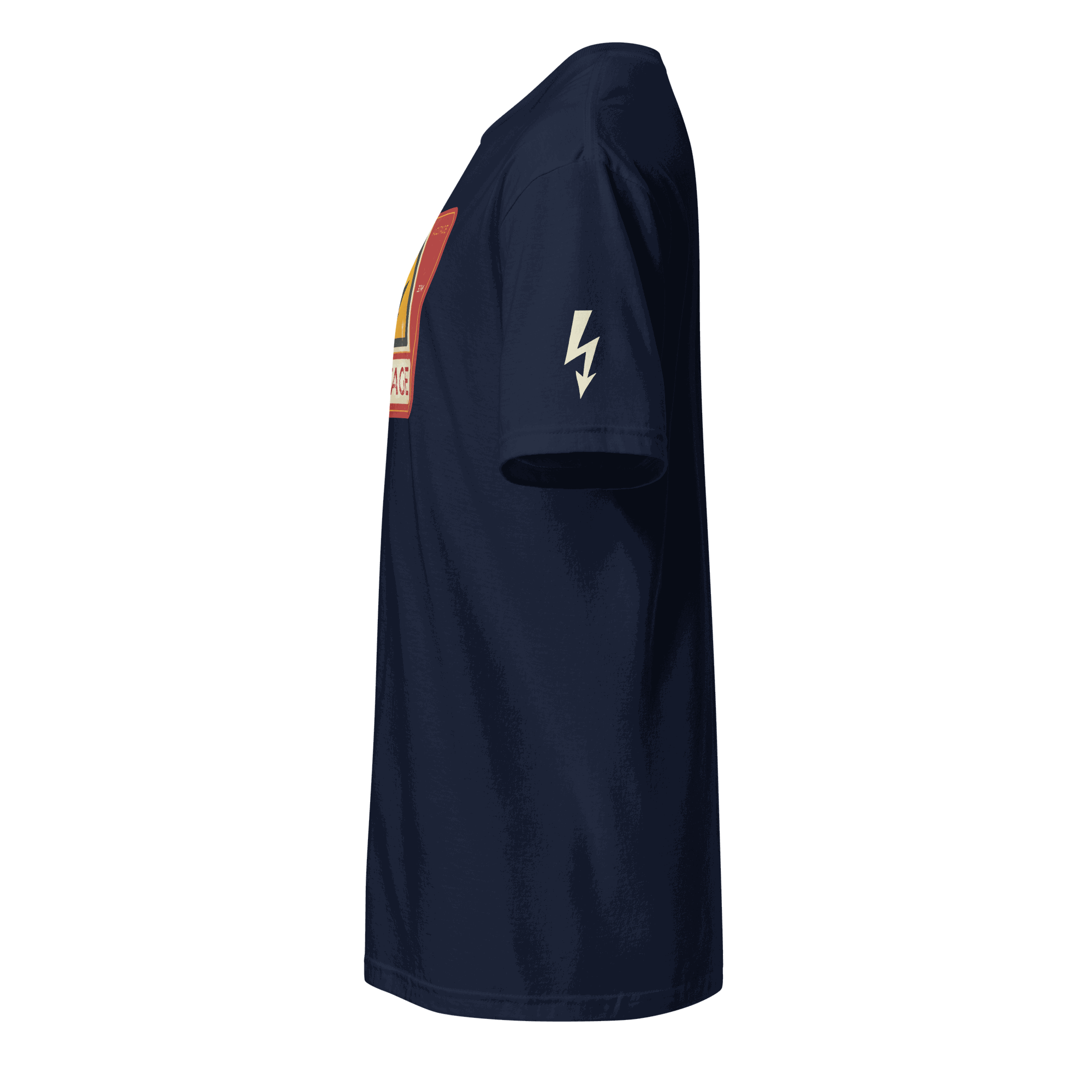 Side view of navy High Voltage Warning Sign T-shirt with lightning bolt graphic on sleeve and retro industrial design
