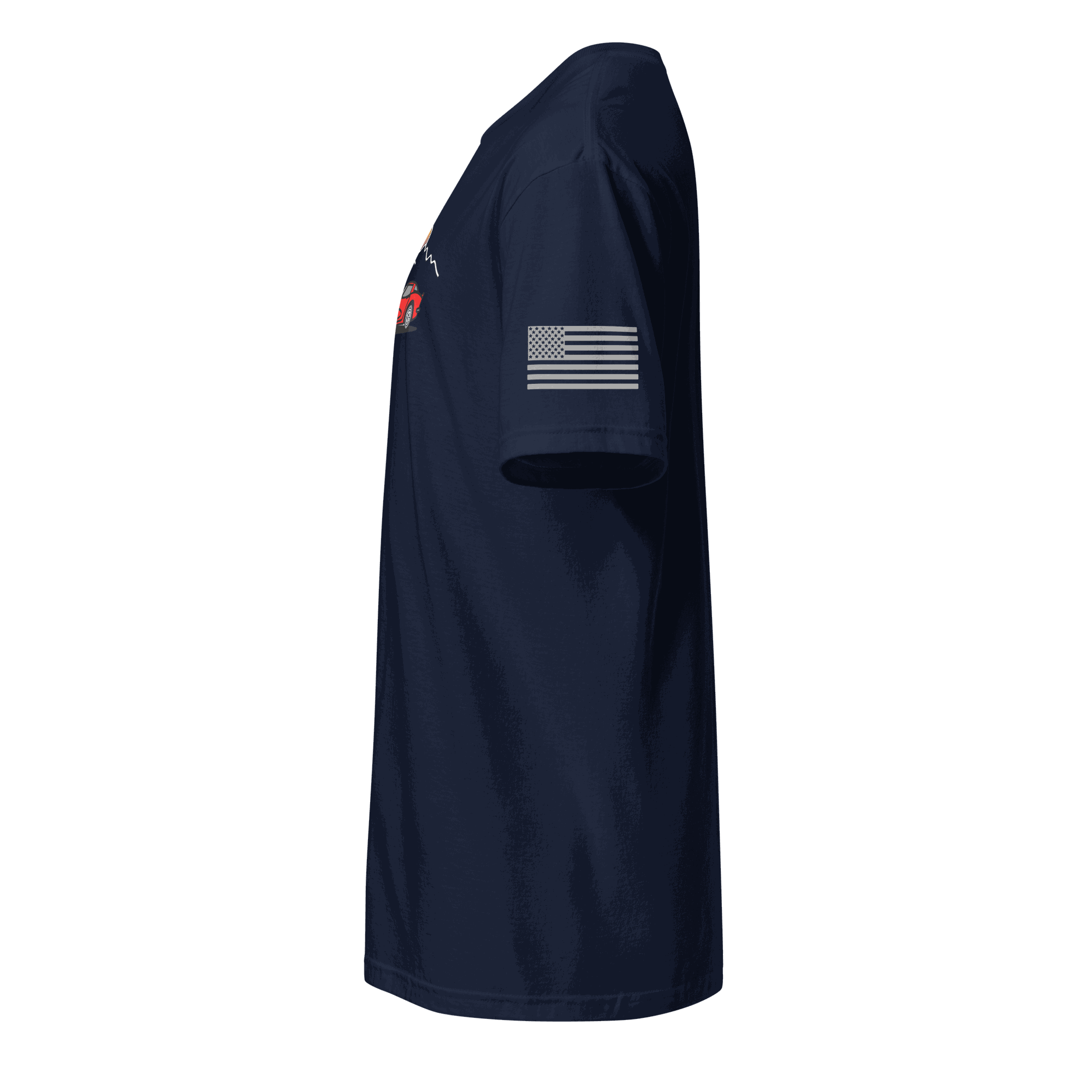 Retro Corvette Sunset navy t-shirt side view with American flag patch on sleeve and vintage car graphic