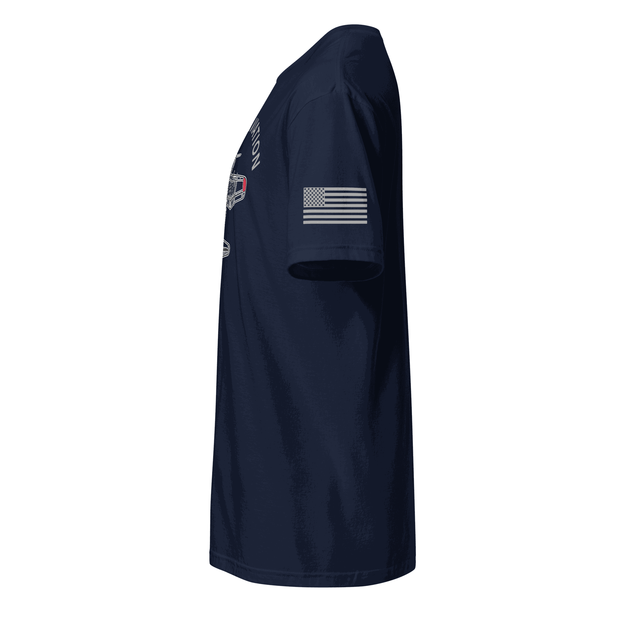Side view of navy blue Aviation T-Shirt with American flag patch on sleeve, classic pilot gift design