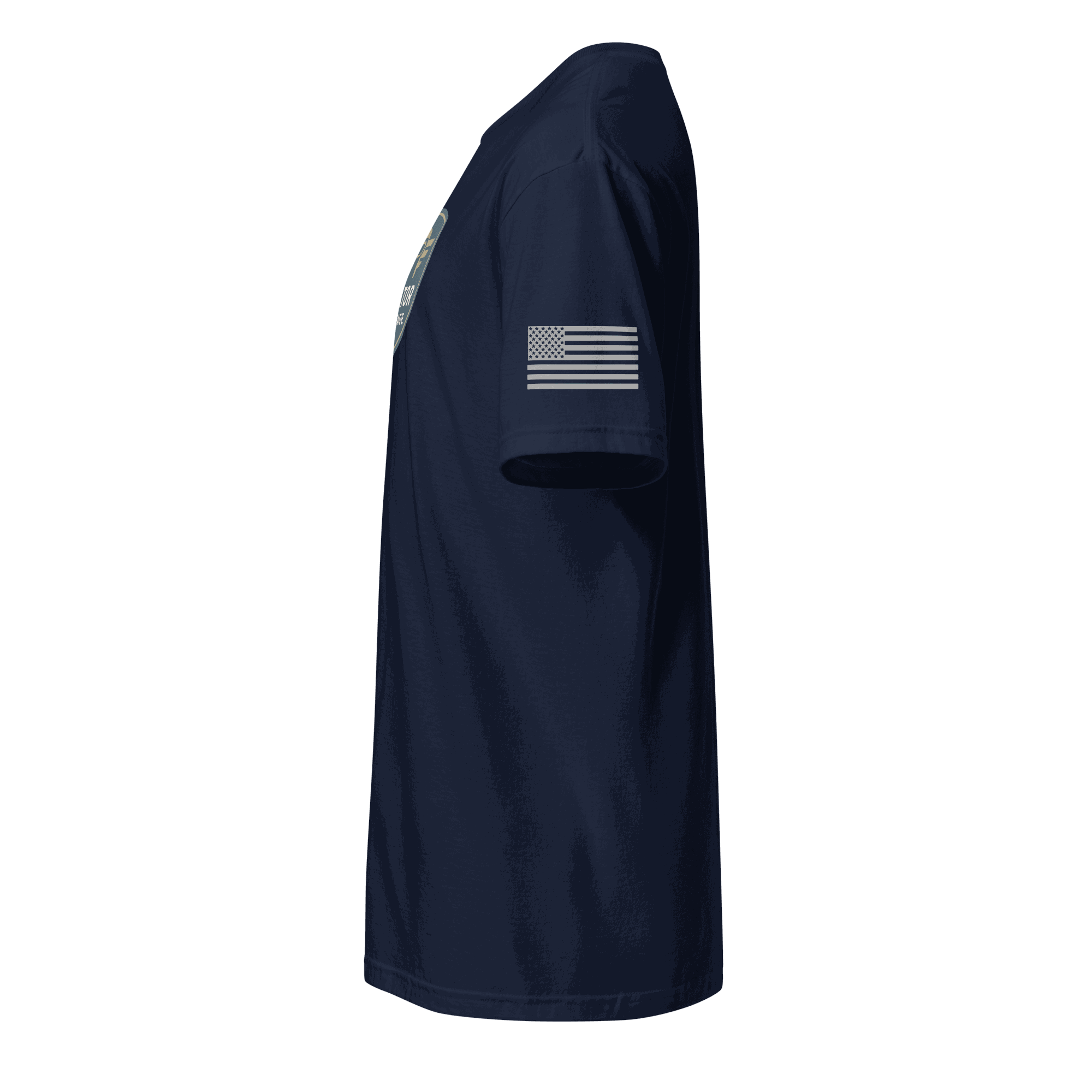 side view of navy vintage aviation t-shirt with American flag on sleeve