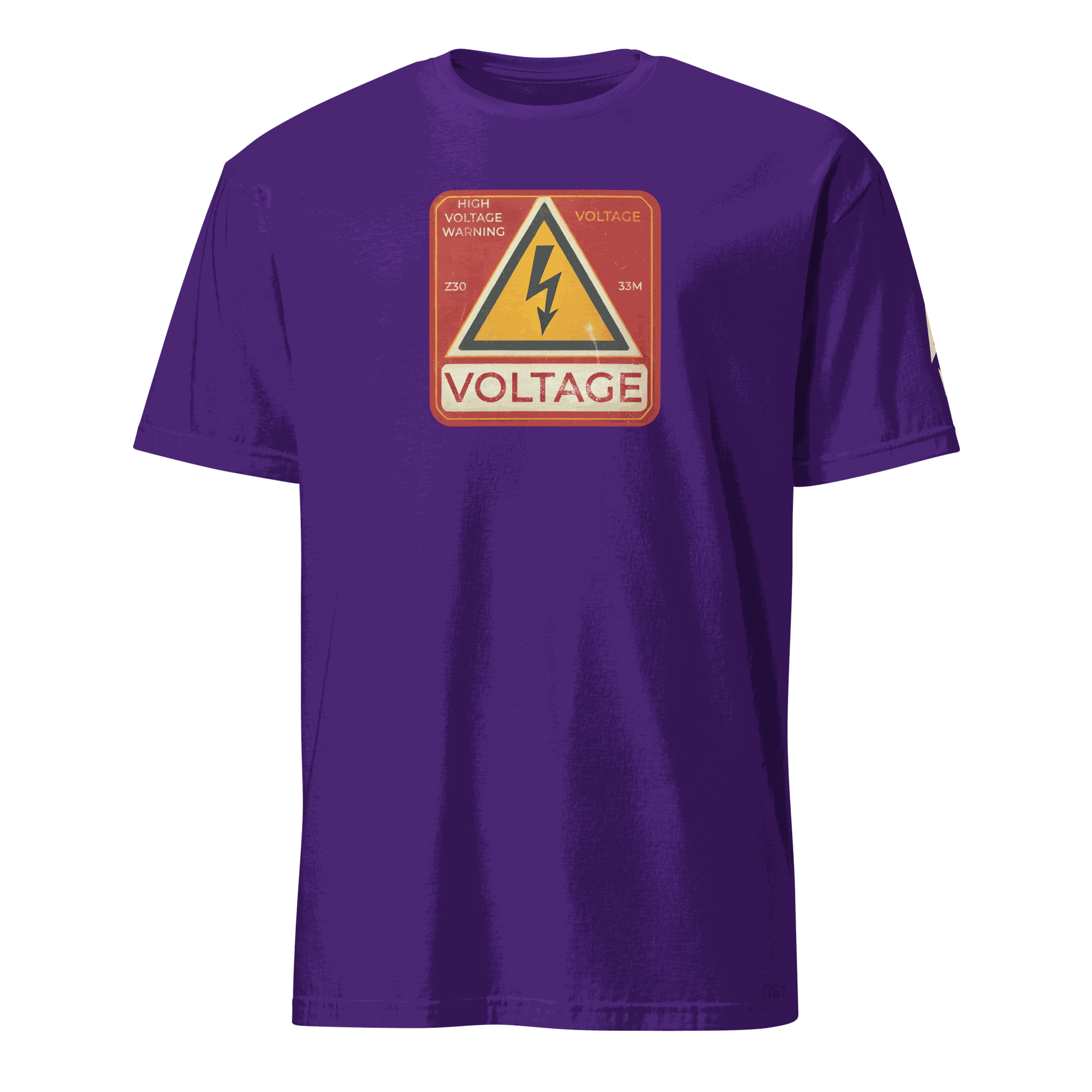 Purple High Voltage Warning Sign T-shirt with retro industrial design and lightning bolt graphic