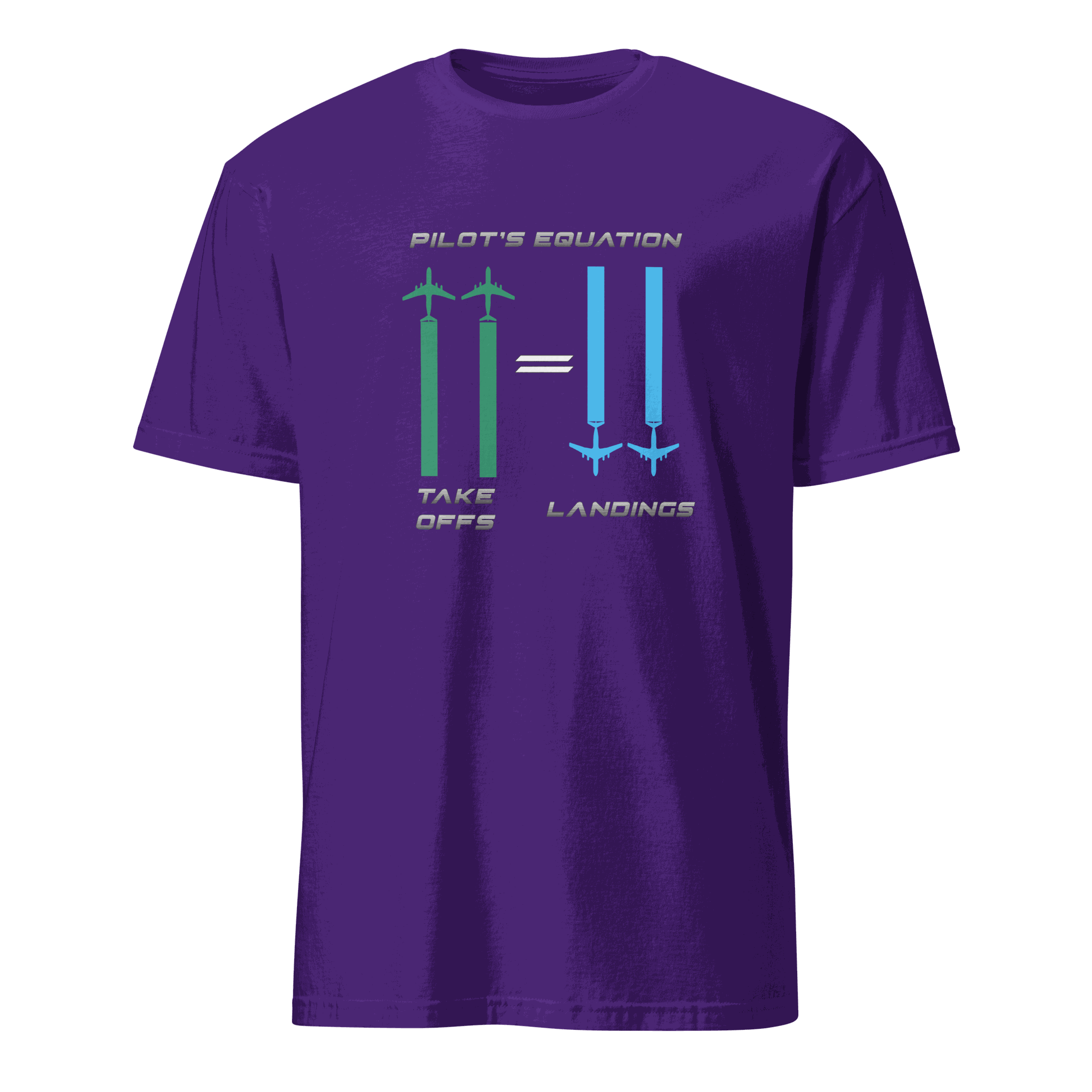 Purple Pilot Equation T-Shirt with humorous aviation graphic showing takeoffs equal landings