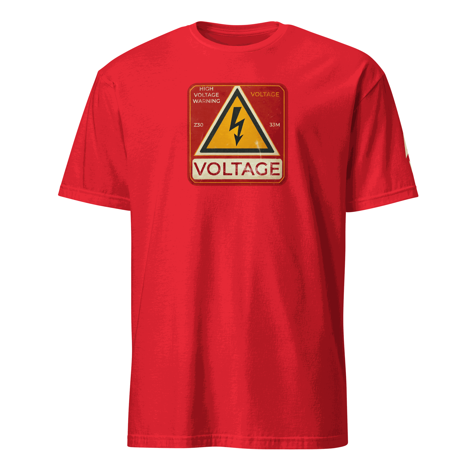 Red High Voltage Warning Sign T-shirt with retro industrial design and bold voltage graphic