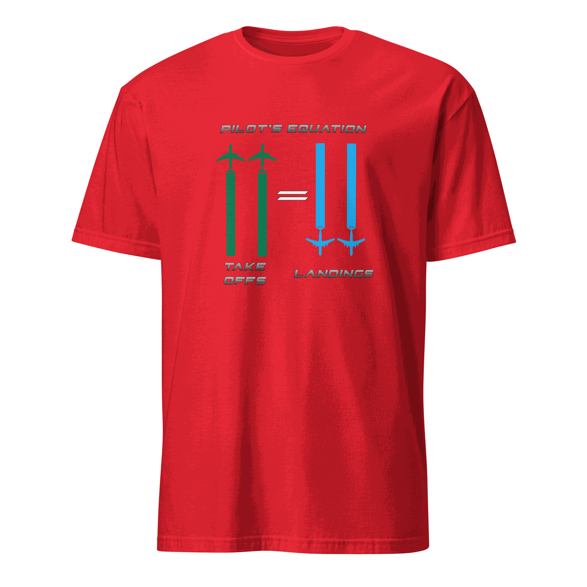 Red Pilot Equation T-Shirt with humorous aviation graphic showing takeoffs equal landings design