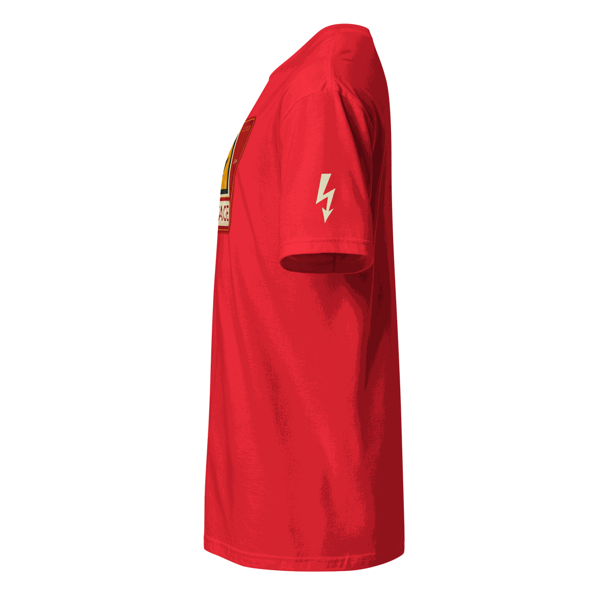 Side view of red High Voltage Warning Sign T-shirt with lightning bolt graphic on sleeve