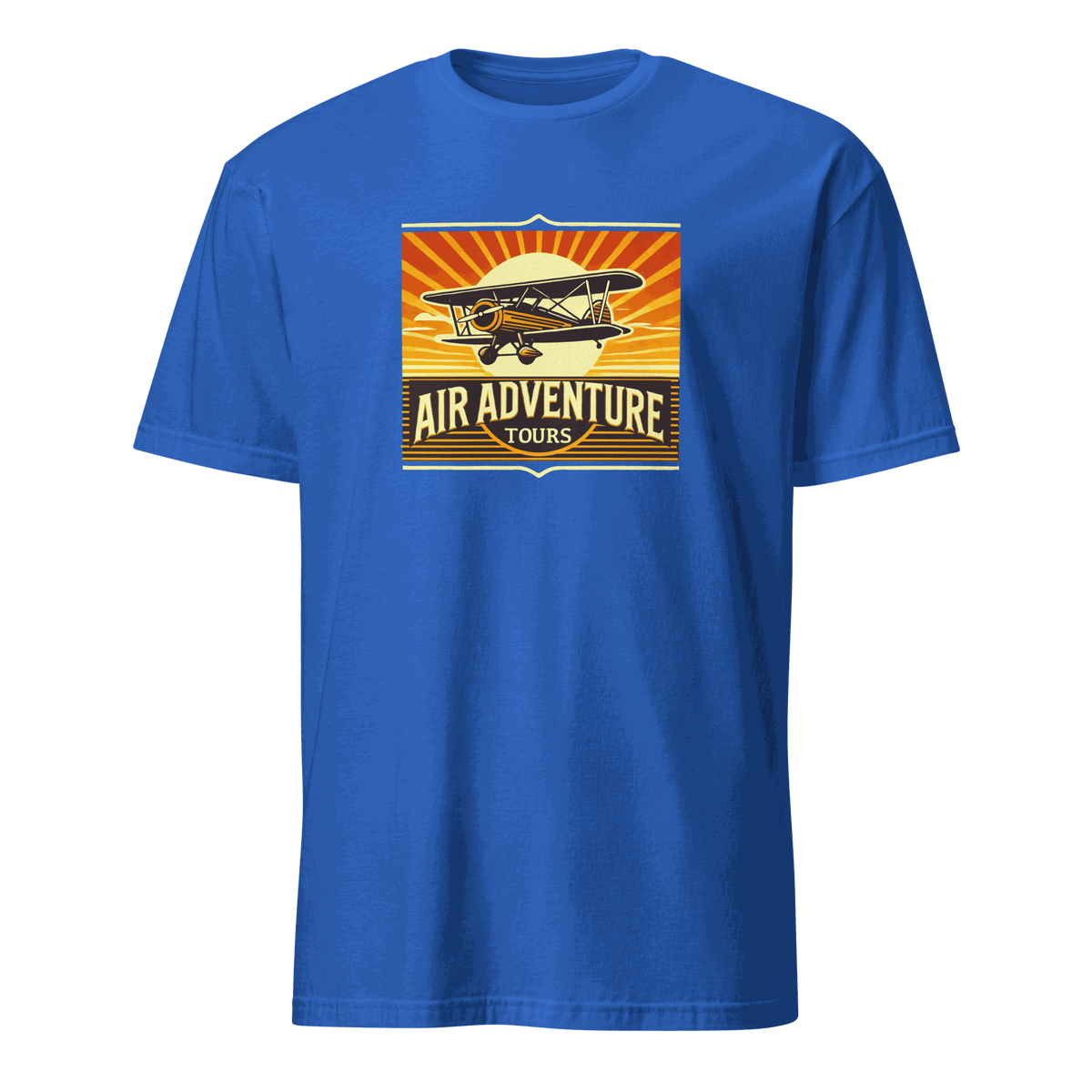 blue vintage aviation graphic tee with retro airplane and air adventure tours design