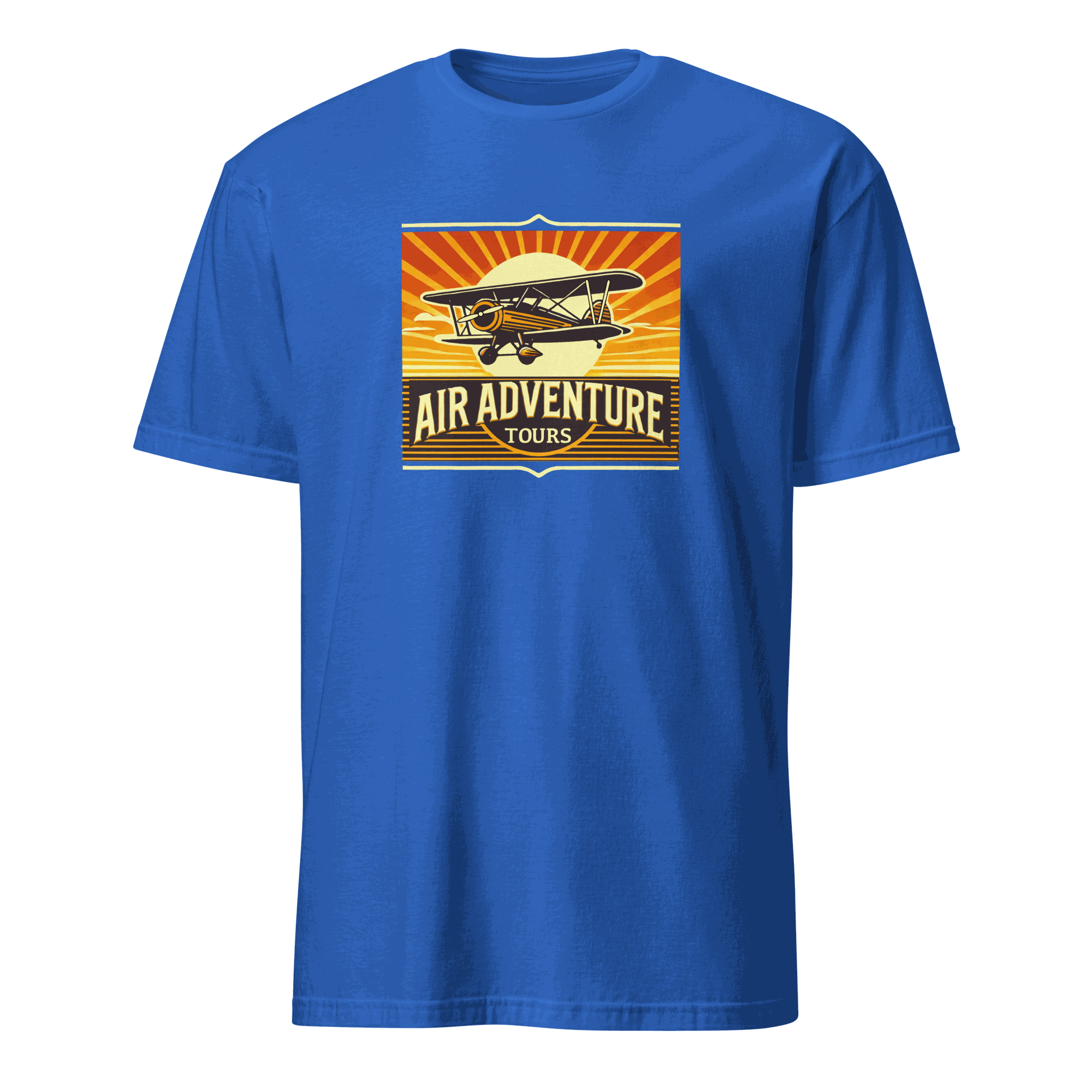 blue vintage aviation graphic tee with retro airplane and air adventure tours design
