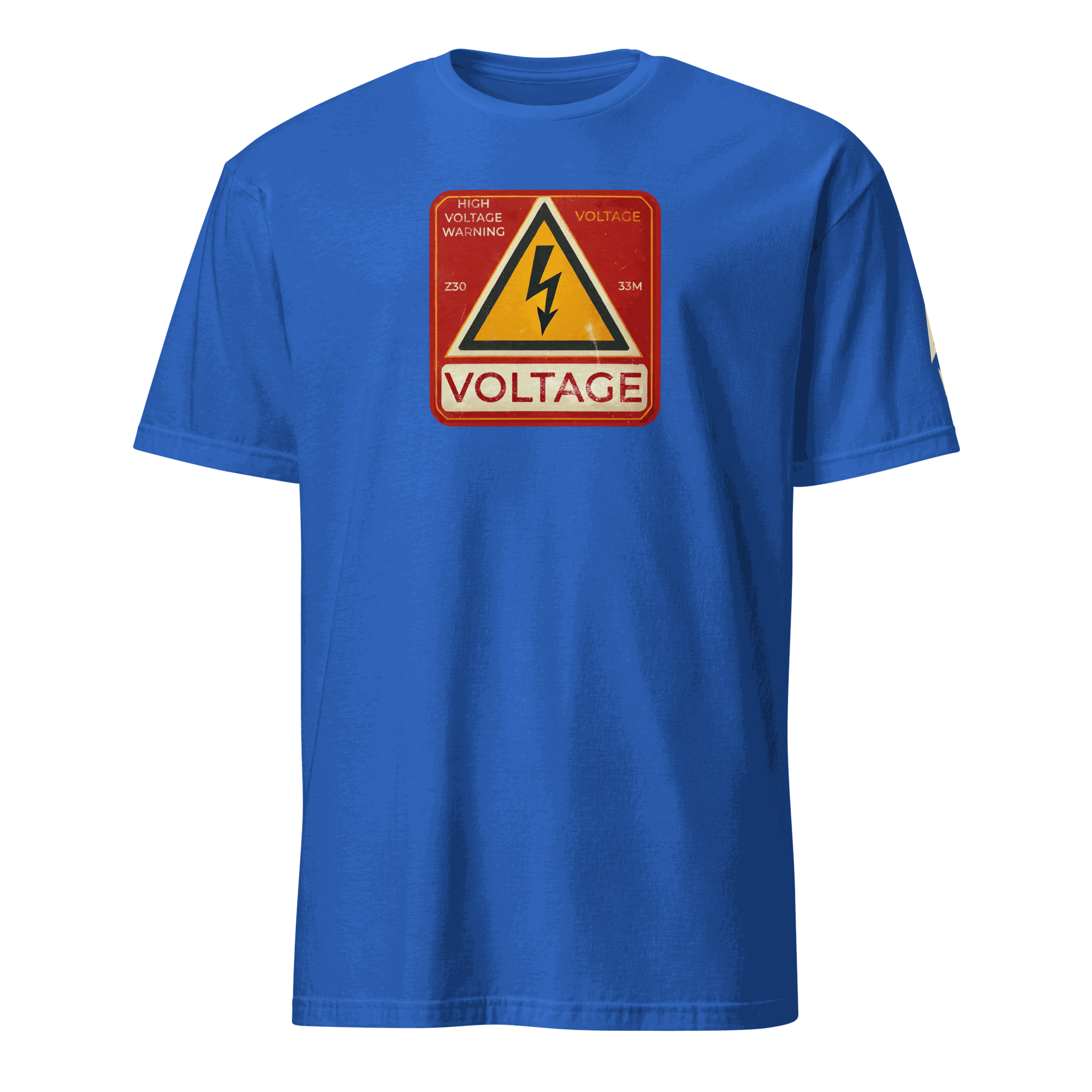 Blue High Voltage Warning Sign T-shirt with retro industrial voltage graphic on front